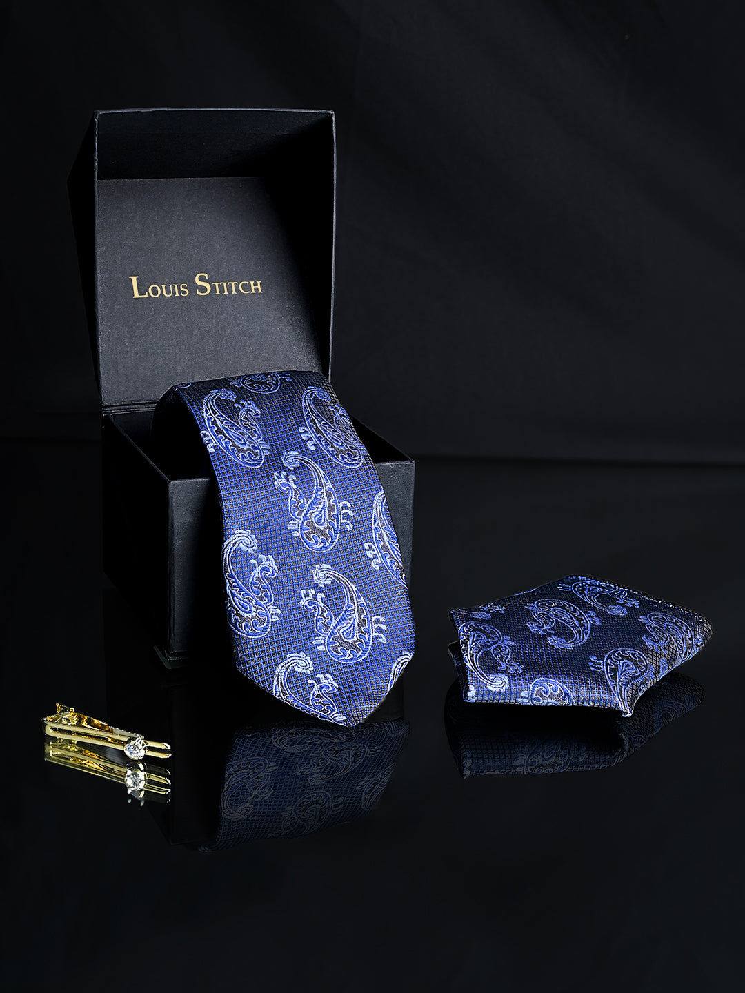 Navy Blue Luxury Italian Silk Necktie Set Pocket Square Golden Tiepin