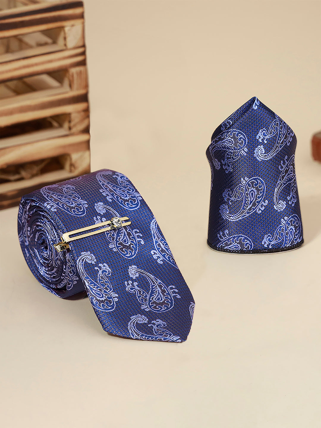 Navy Blue Luxury Italian Silk Necktie Set Pocket Square Golden Tiepin