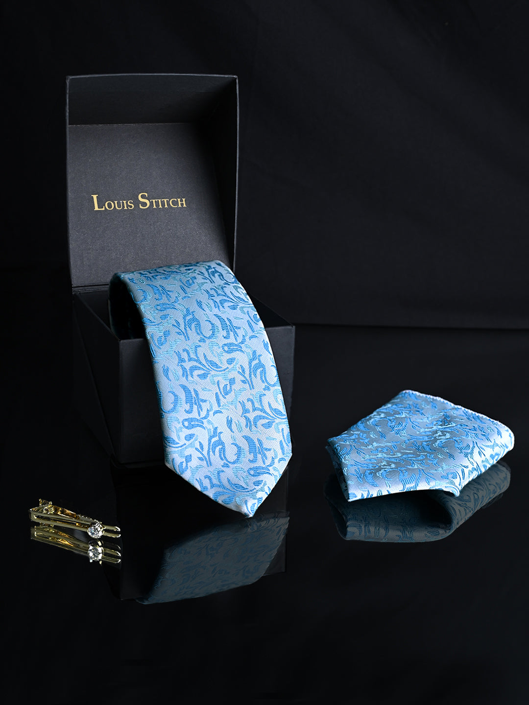 Arctic Blue Luxury Italian Silk Necktie Set Pocket Square Golden Tiepin