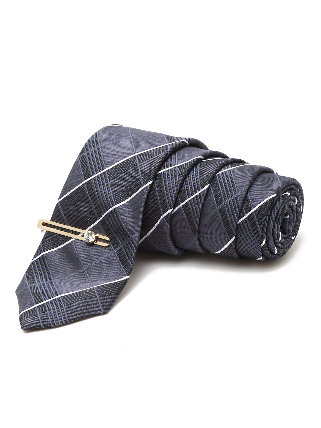 Dark Grey Checkered Italian Silk Necktie Set Pocket Square Golden Tiepin