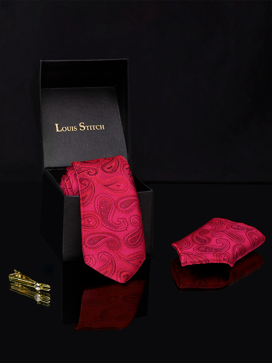 Venetian Red luxury italian silk necktie set pocket square golden tiepin