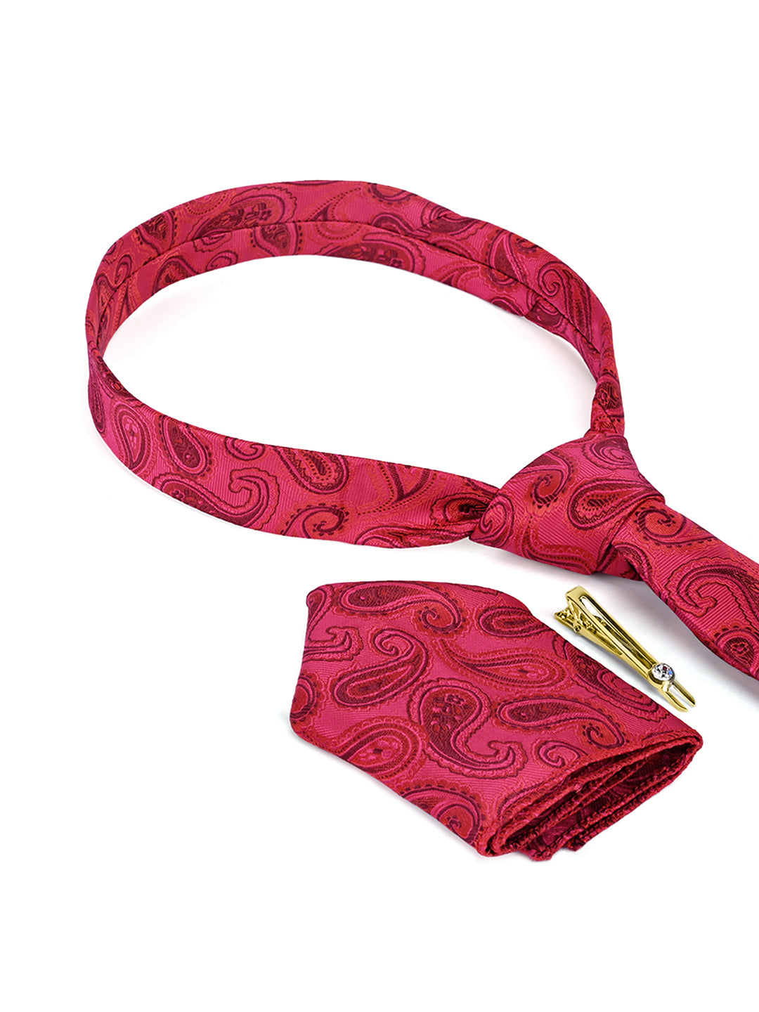 Venetian Red Luxury Italian Silk Necktie Set Pocket Square Golden Tiepin