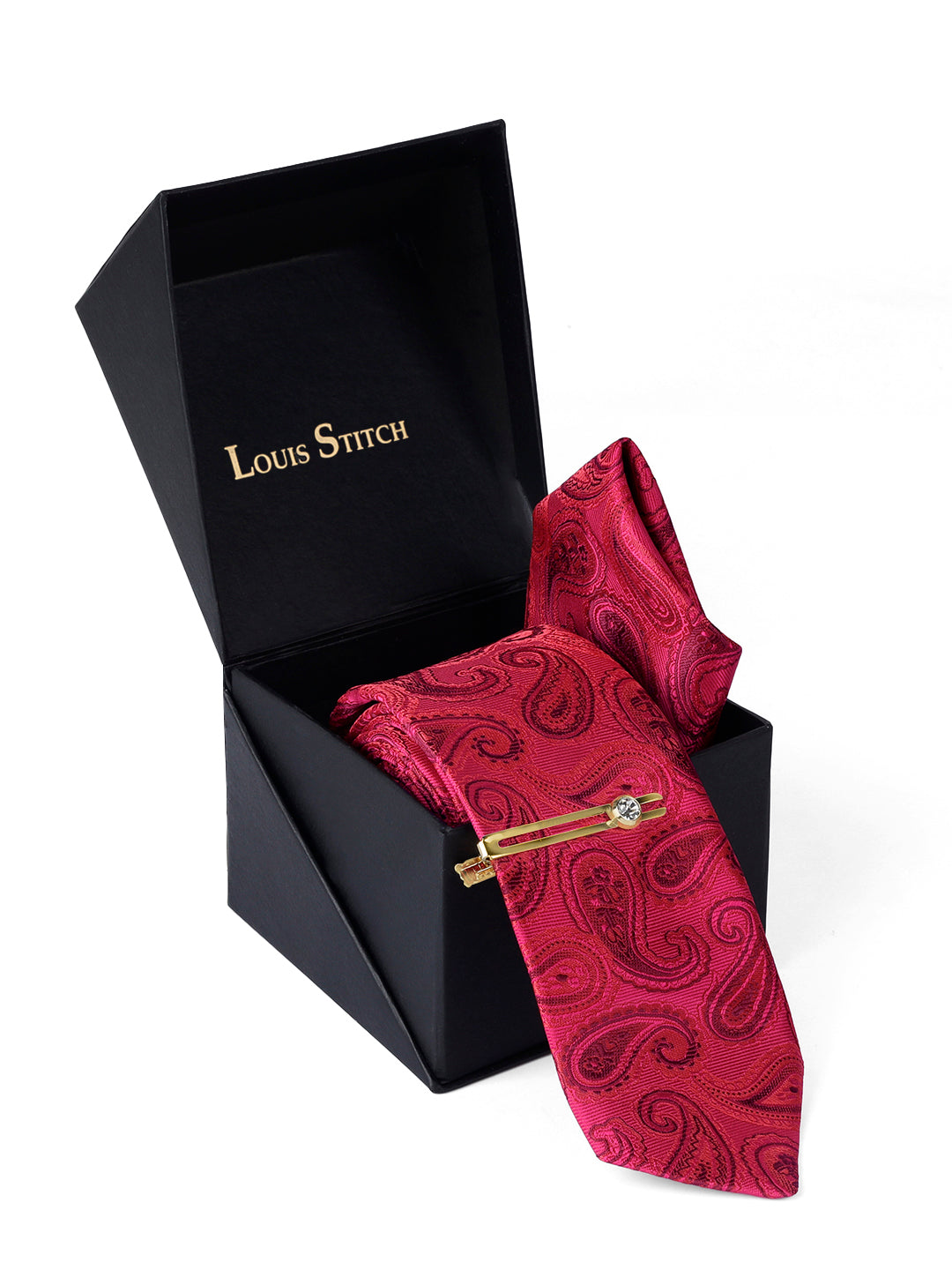 Venetian Red Luxury Italian Silk Necktie Set Pocket Square Golden Tiepin