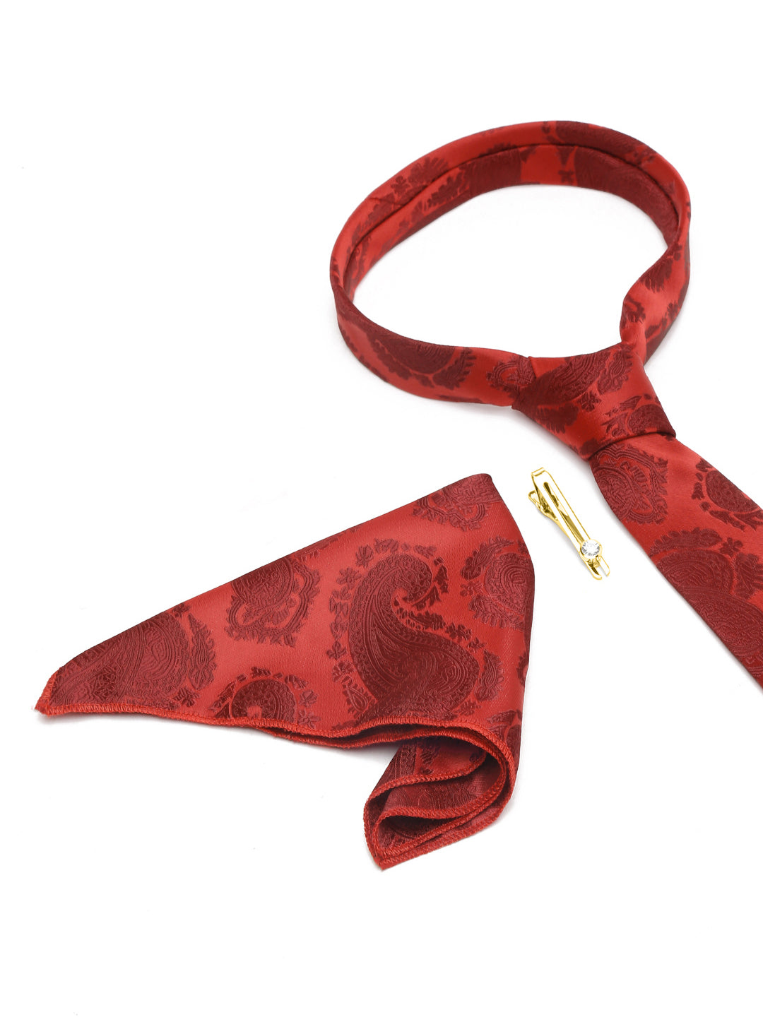 Scarlet Red Italian Silk Necktie Set Pocket Square Golden Tiepin