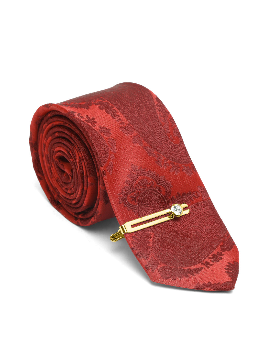 Scarlet Red Italian Silk Necktie Set Pocket Square Golden Tiepin