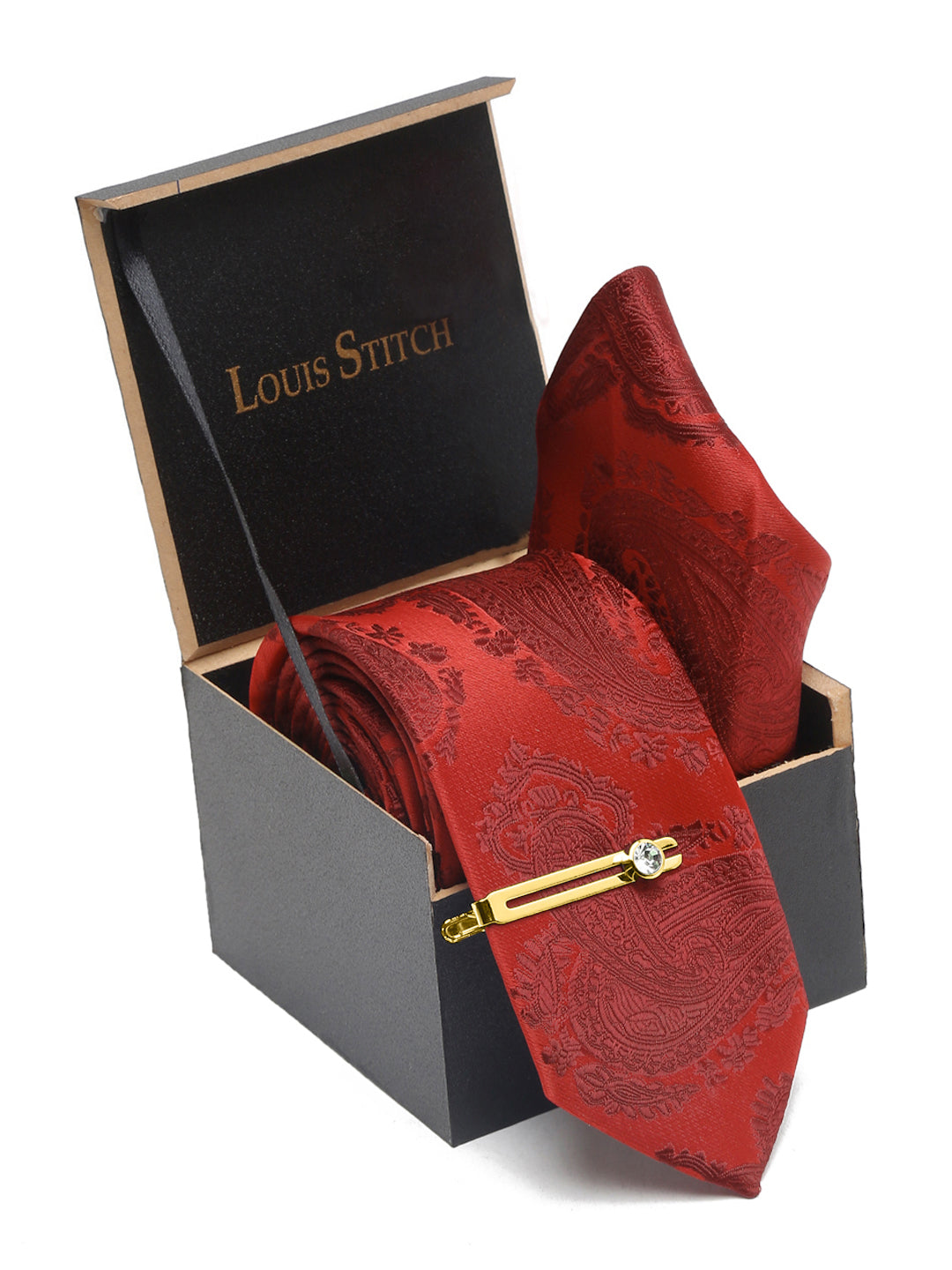 Scarlet Red Italian Silk Necktie Set Pocket Square Golden Tiepin