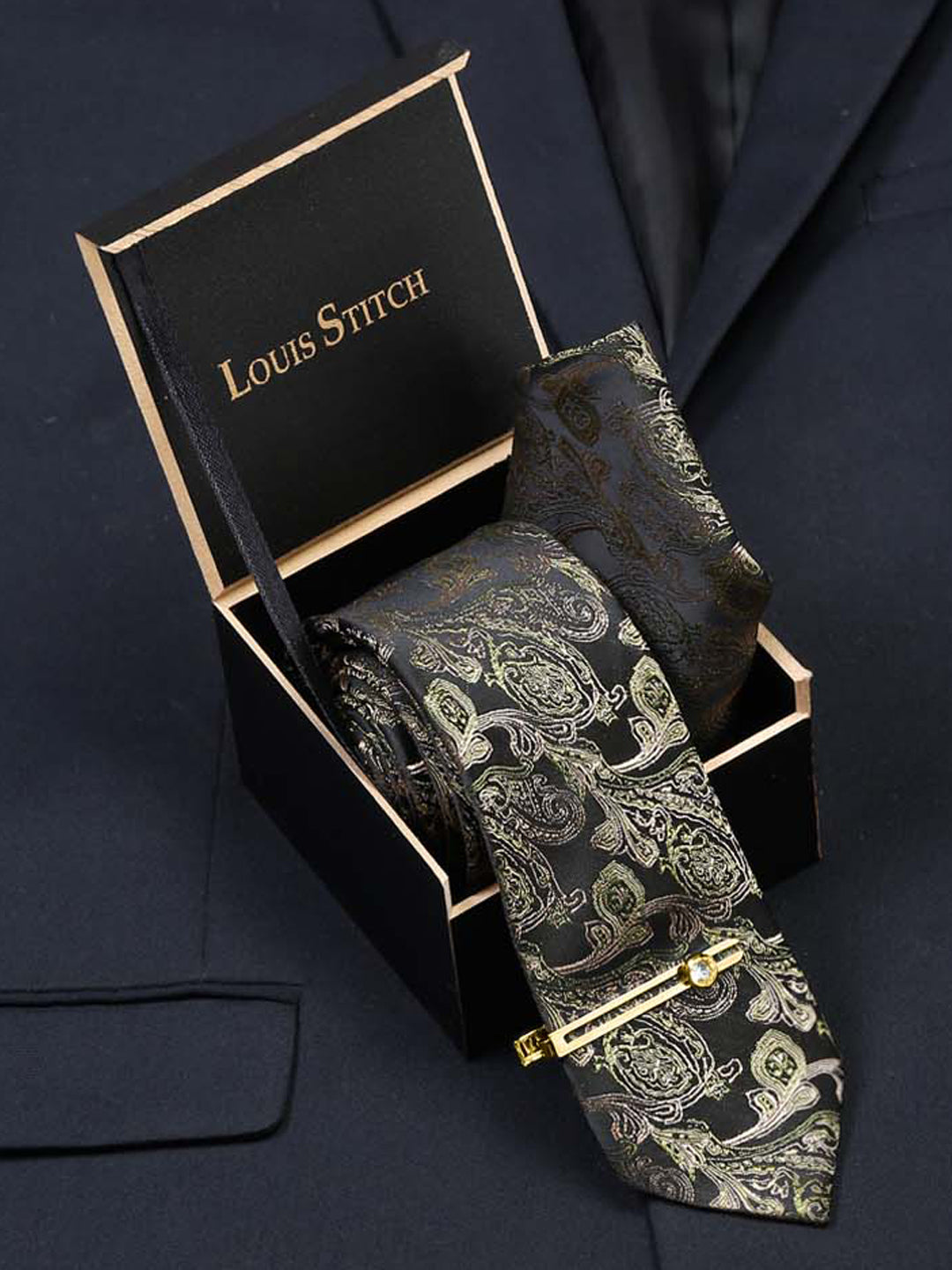 Seaweed Green Italian Silk Necktie Set Pocket Square Golden Tiepin