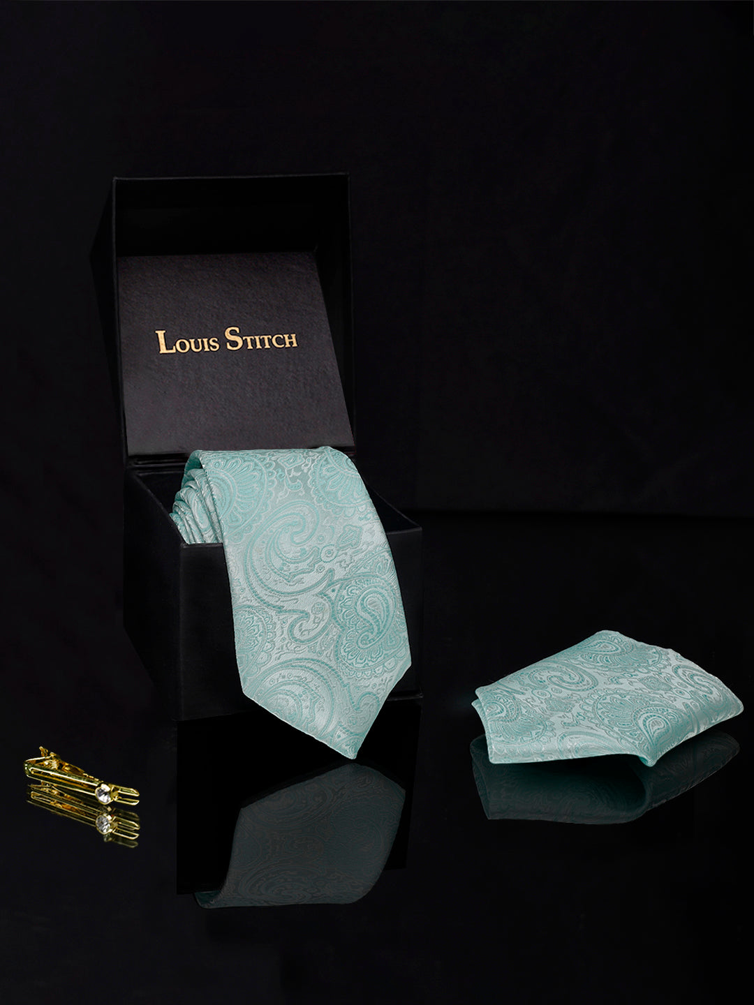 Lagoon Green luxury italian silk necktie set pocket square golden tiepin