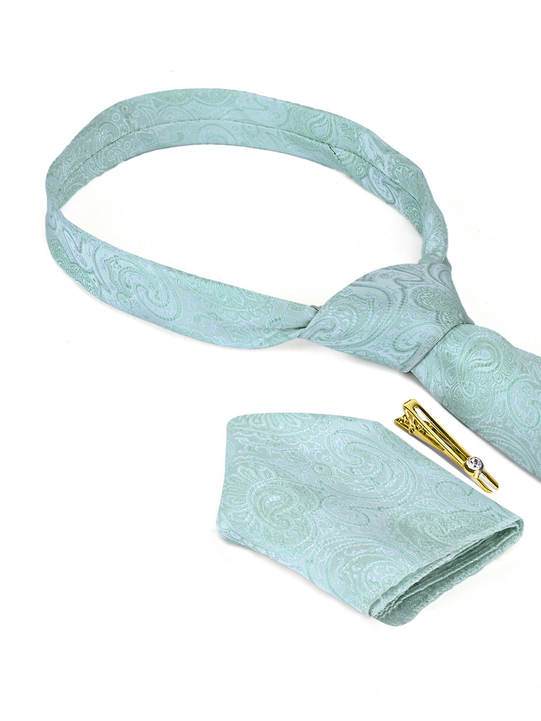 Lagoon Green Luxury Italian Silk Necktie Set Pocket Square Golden Tiepin