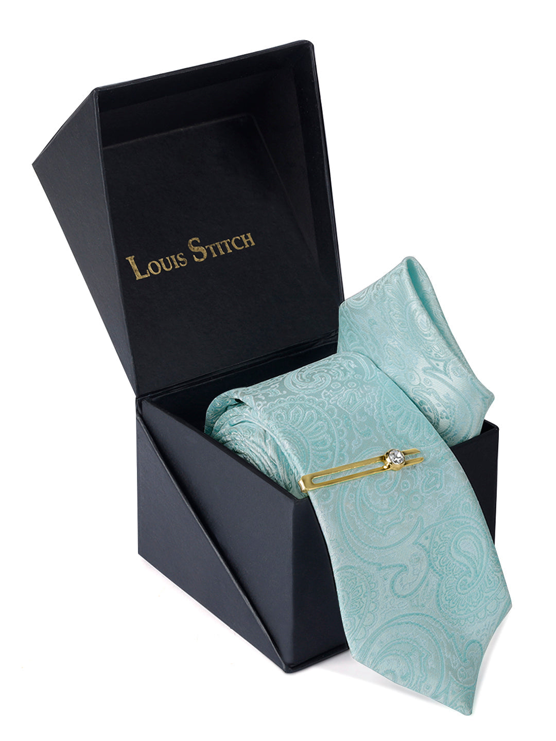 Lagoon Green Luxury Italian Silk Necktie Set Pocket Square Golden Tiepin