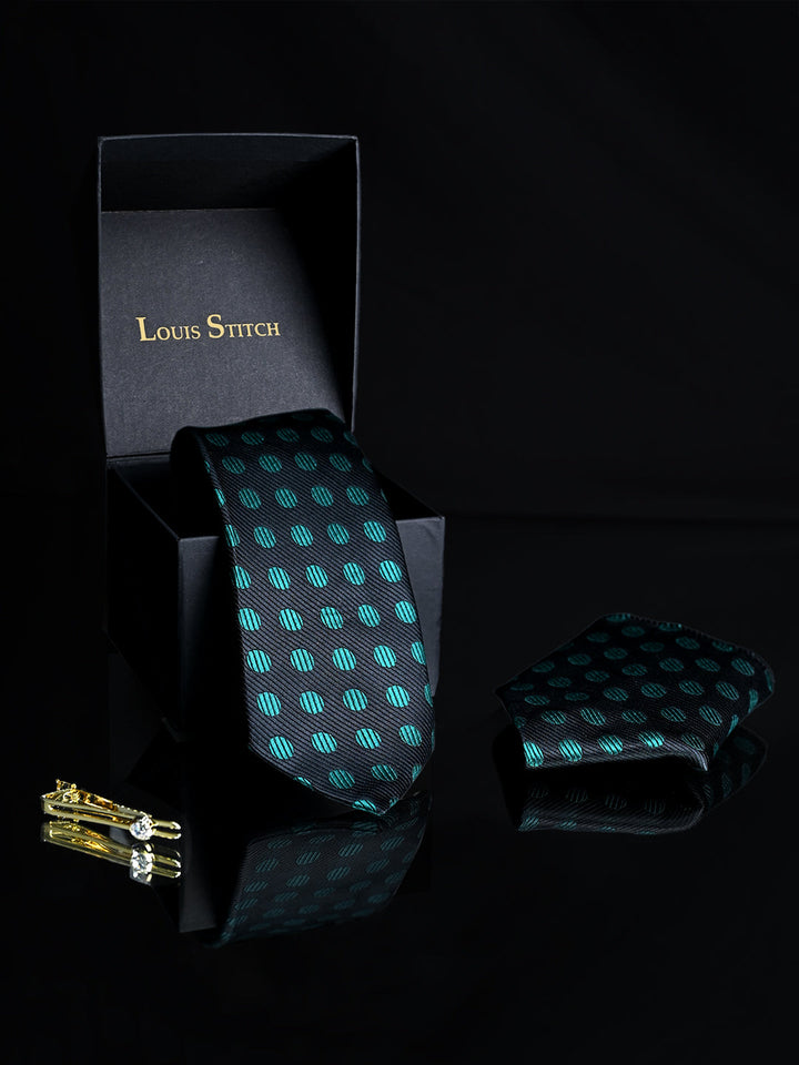 Dark Green Luxury Italian Silk Necktie Set Pocket Square Golden Tiepin