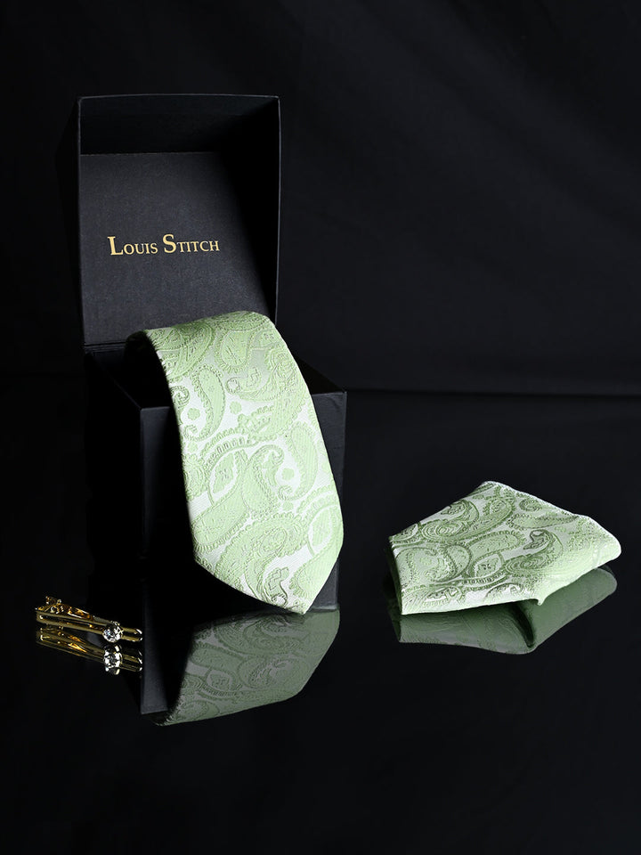 Mint Green Luxury Italian Silk Necktie Set Pocket Square Golden Tiepin
