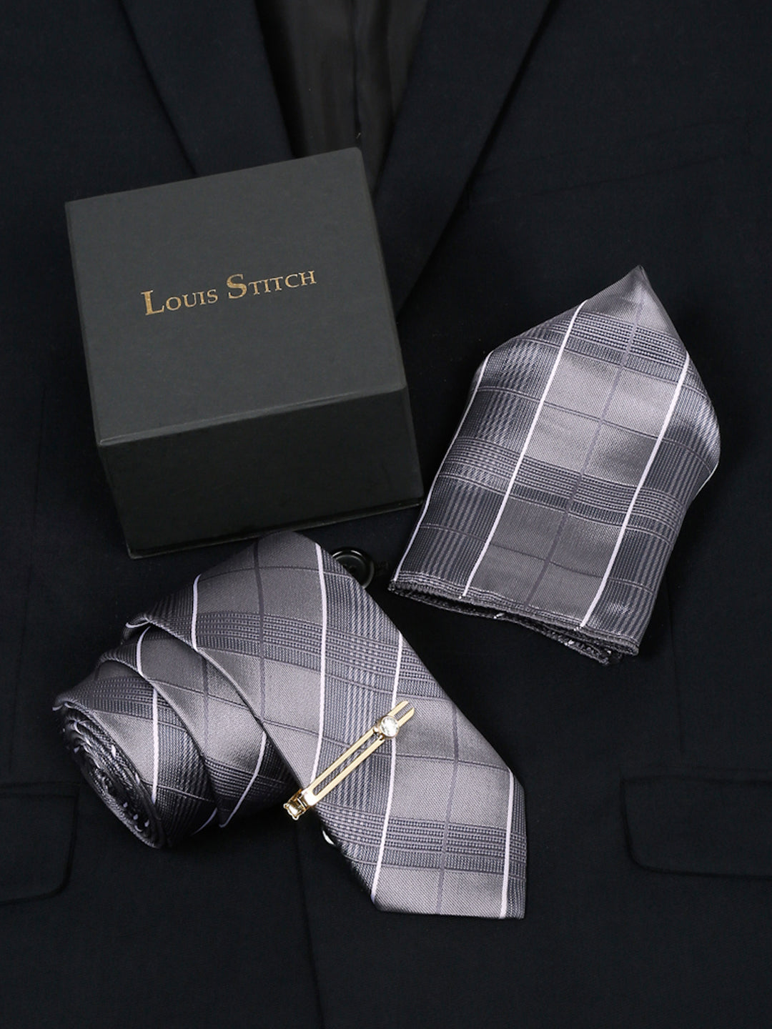 Checkered Grey Italian Silk Necktie Set Pocket Square Golden Tiepin