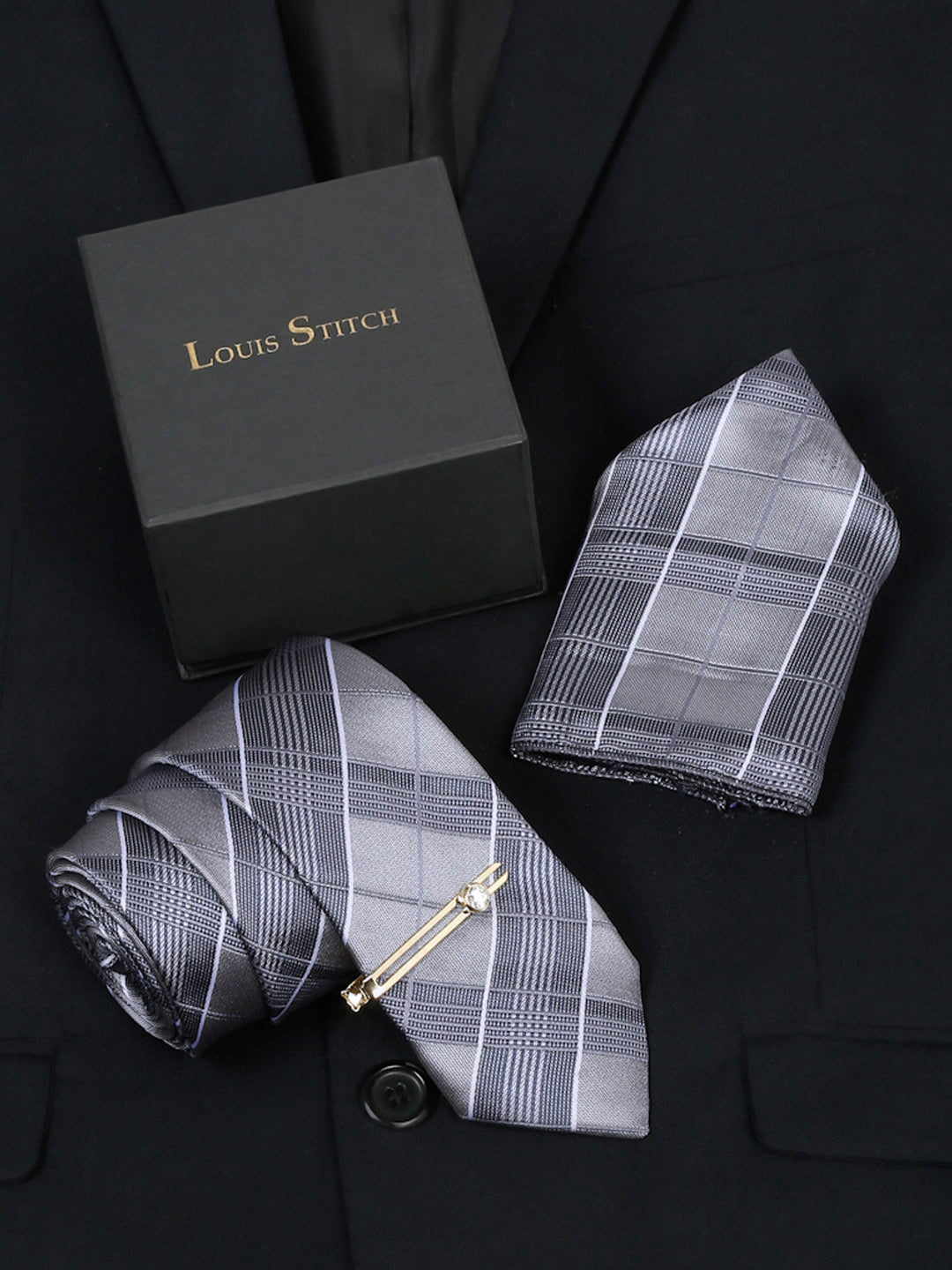 Checkered Grey Italian Silk Necktie Set Pocket Square Golden Tiepin