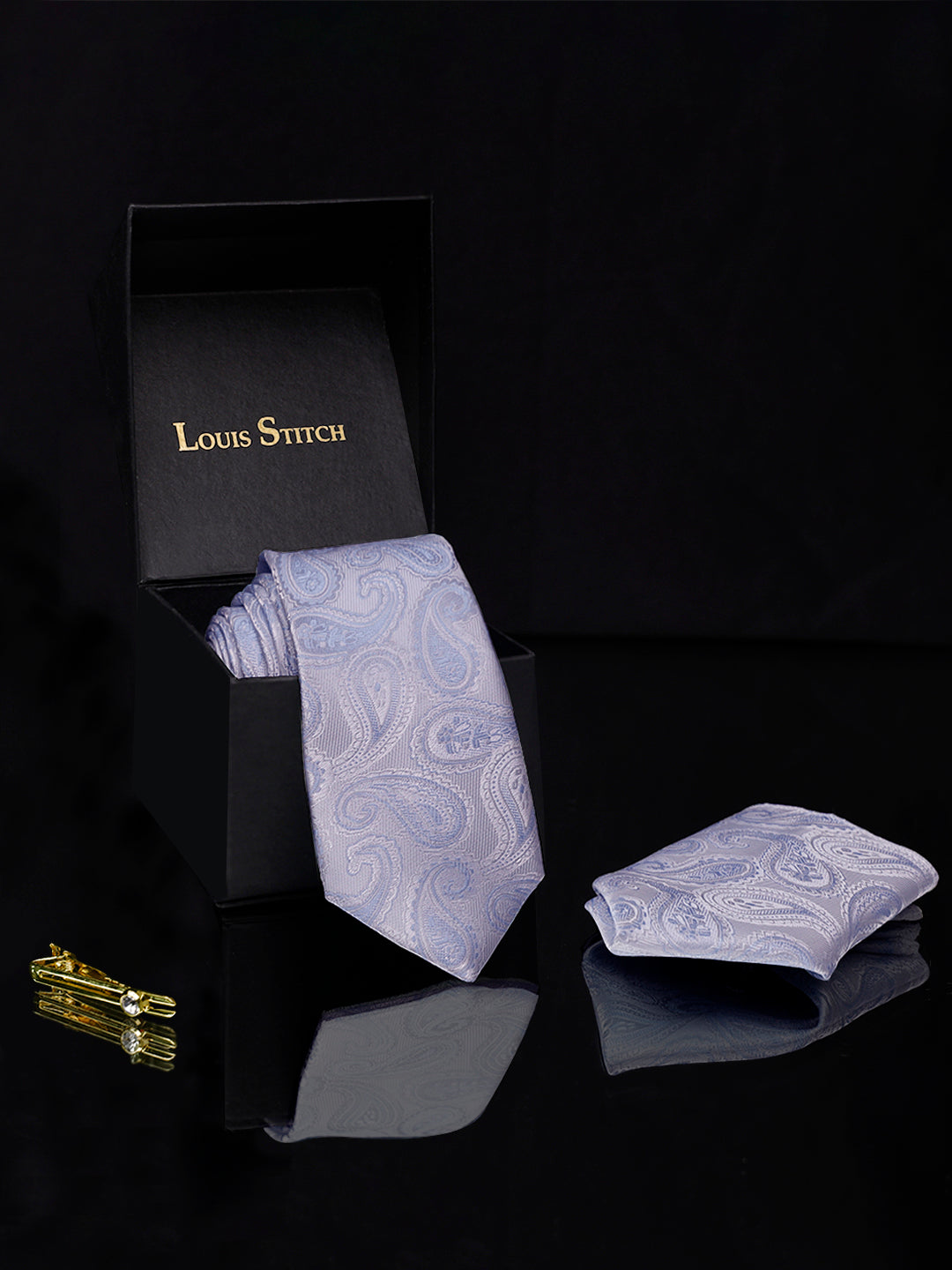 Blue Grey luxury italian silk necktie set pocket square golden tiepin