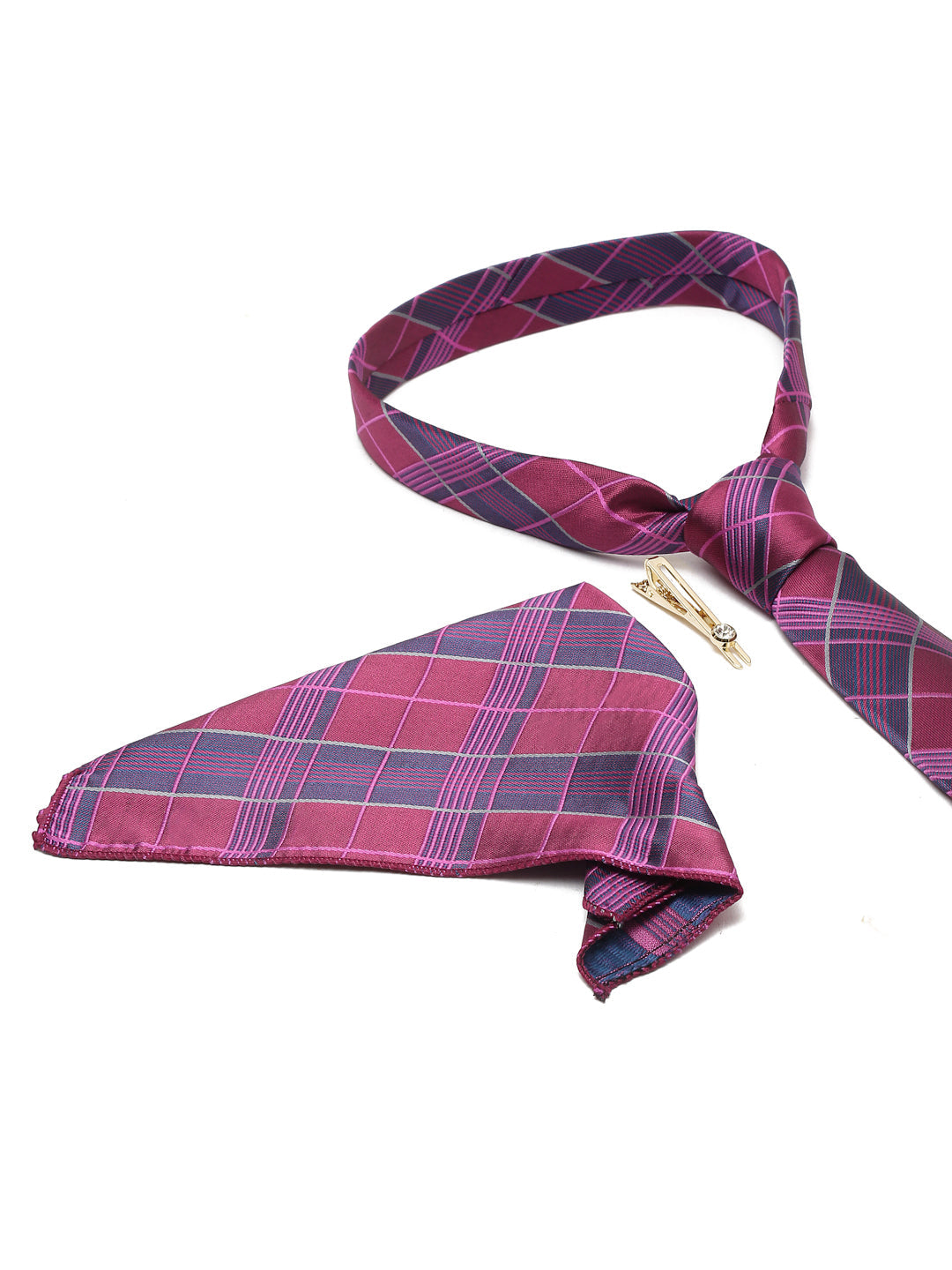 Checkered Pink Italian Silk Necktie Set Pocket Square Golden Tiepin