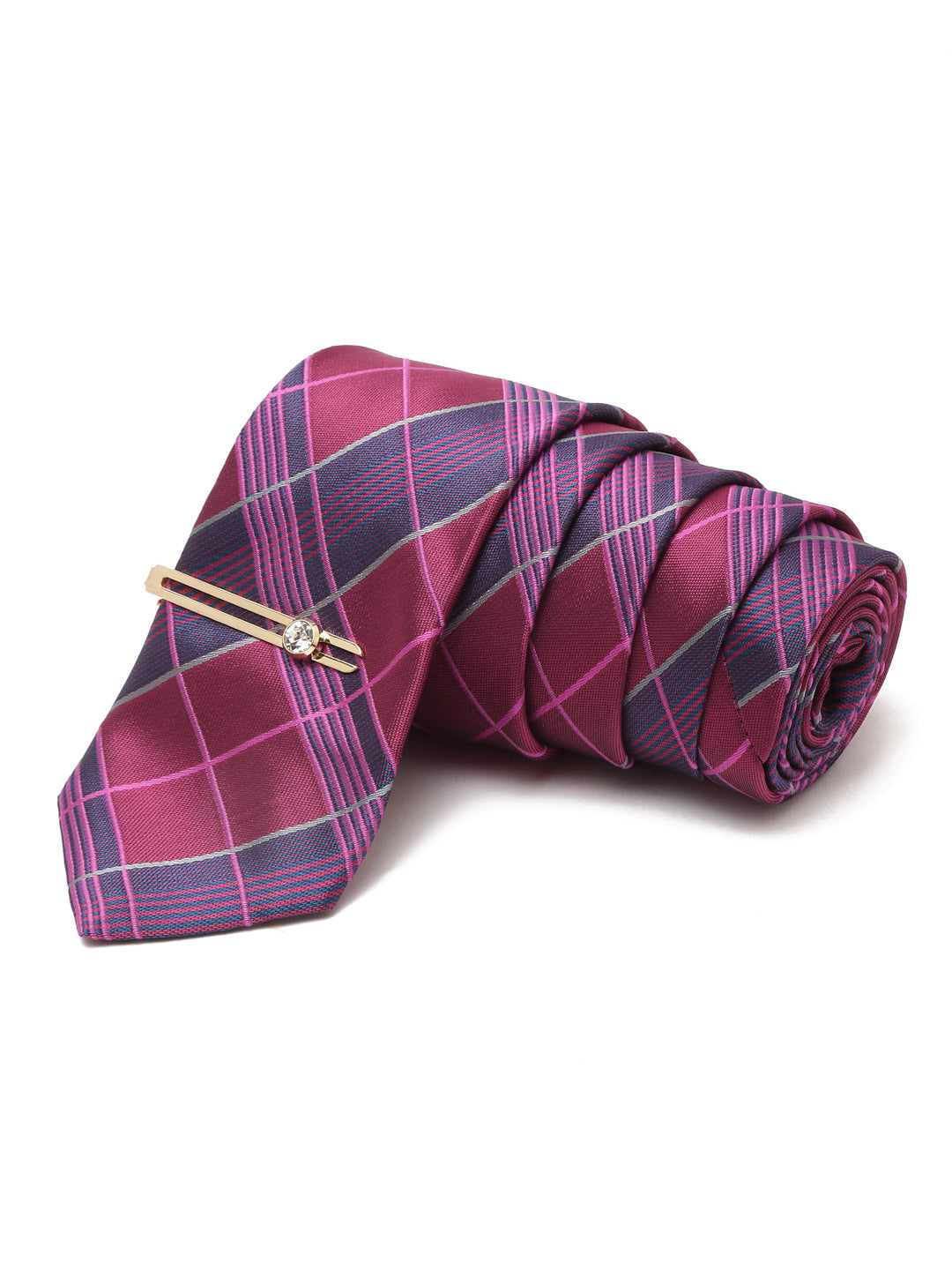 Checkered Pink Italian Silk Necktie Set Pocket Square Golden Tiepin