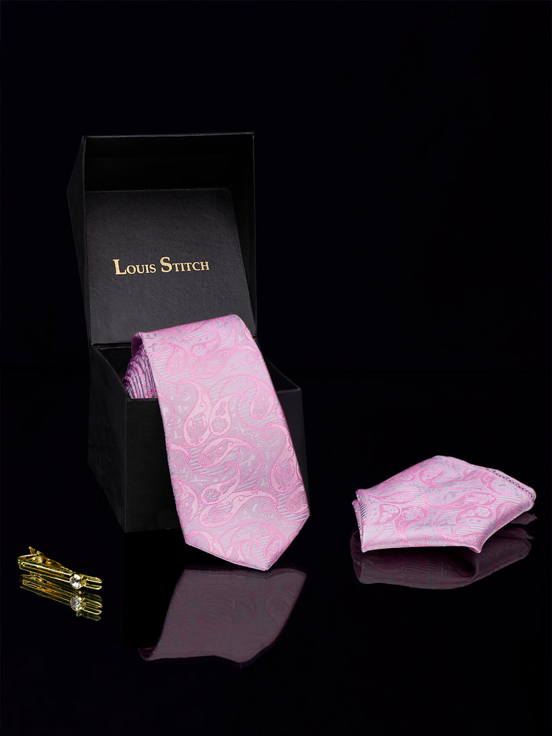 Pastel Pink luxury italian silk necktie set pocket square golden tiepin