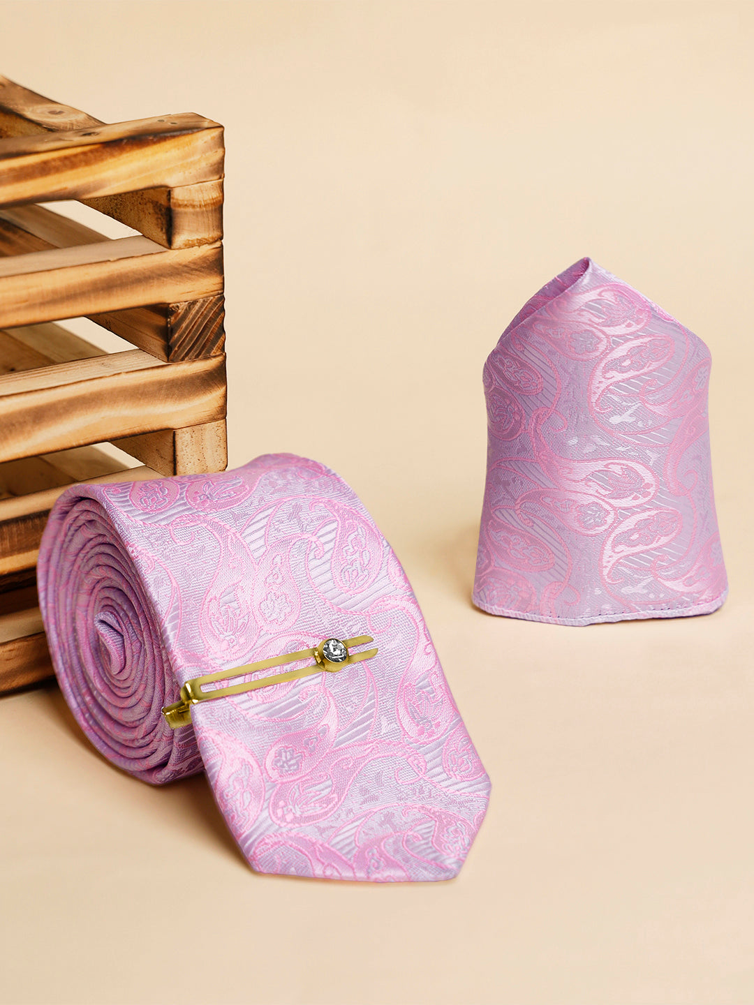 Pastel Pink Luxury Italian Silk Necktie Set Pocket Square Golden Tiepin