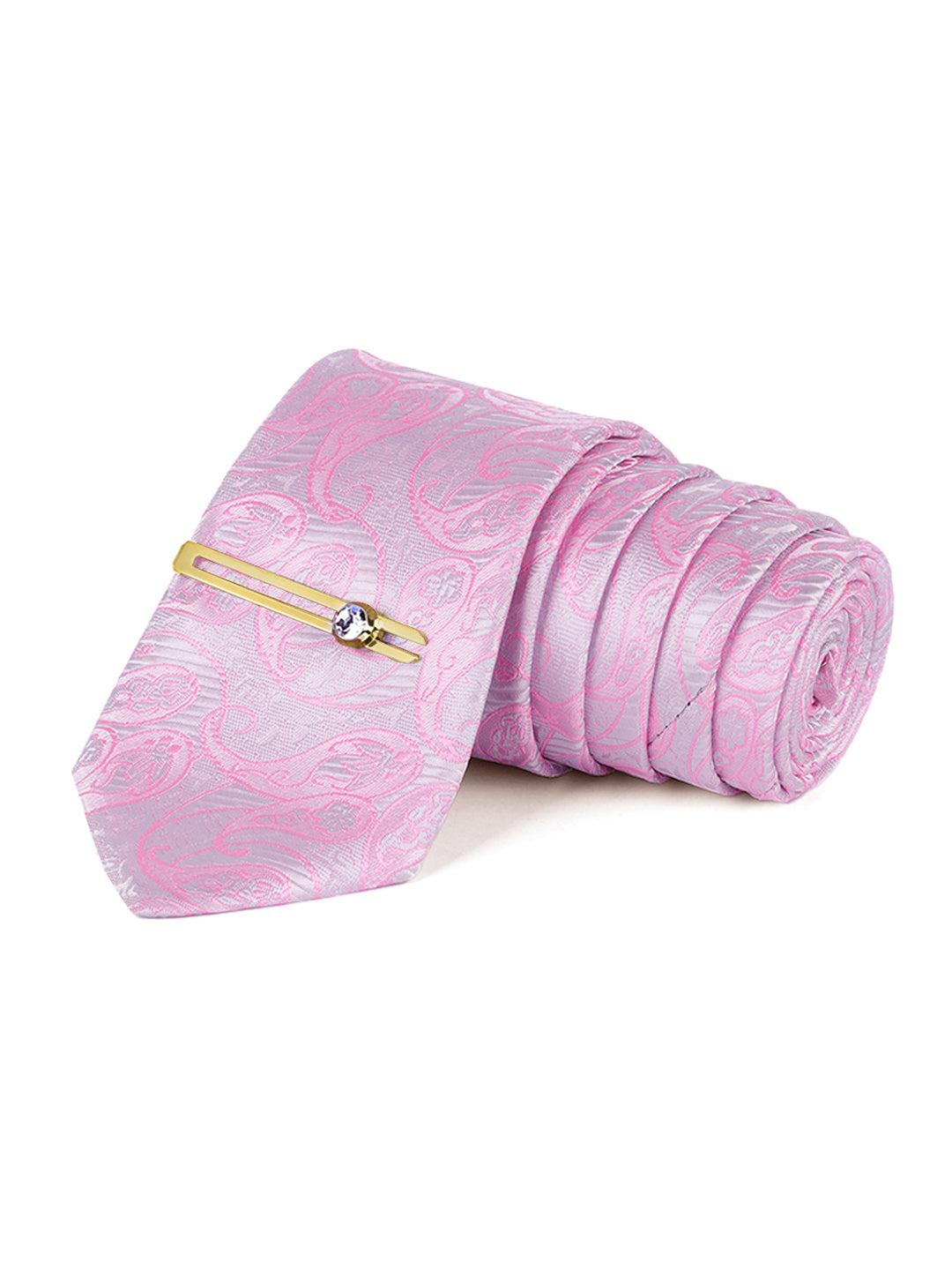 Pastel Pink Luxury Italian Silk Necktie Set Pocket Square Golden Tiepin