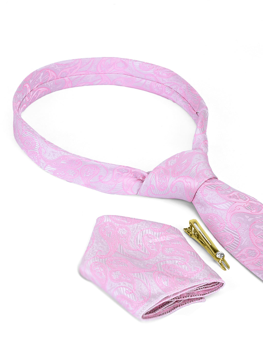 Pastel Pink Luxury Italian Silk Necktie Set Pocket Square Golden Tiepin