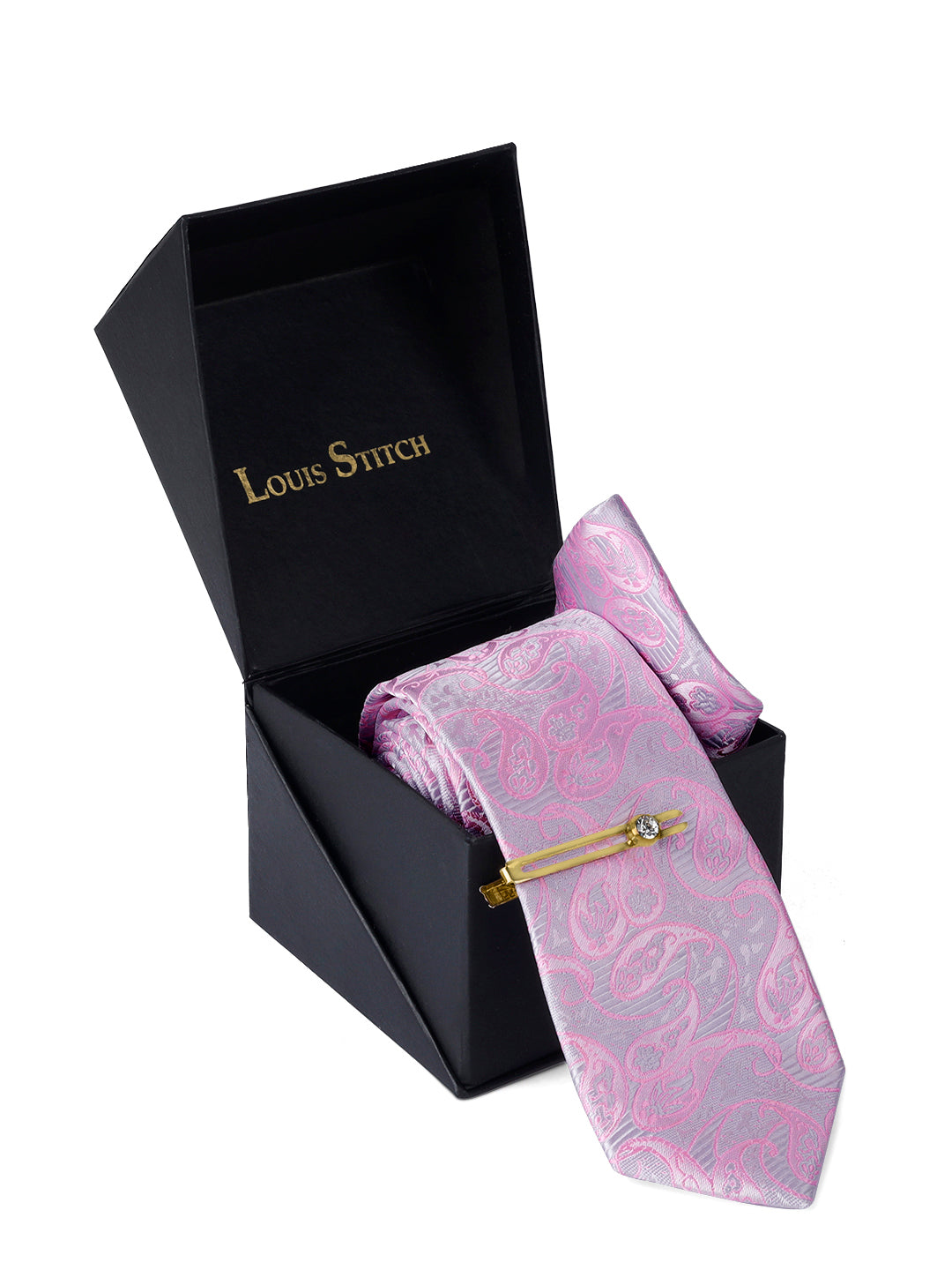 Pastel Pink Luxury Italian Silk Necktie Set Pocket Square Golden Tiepin