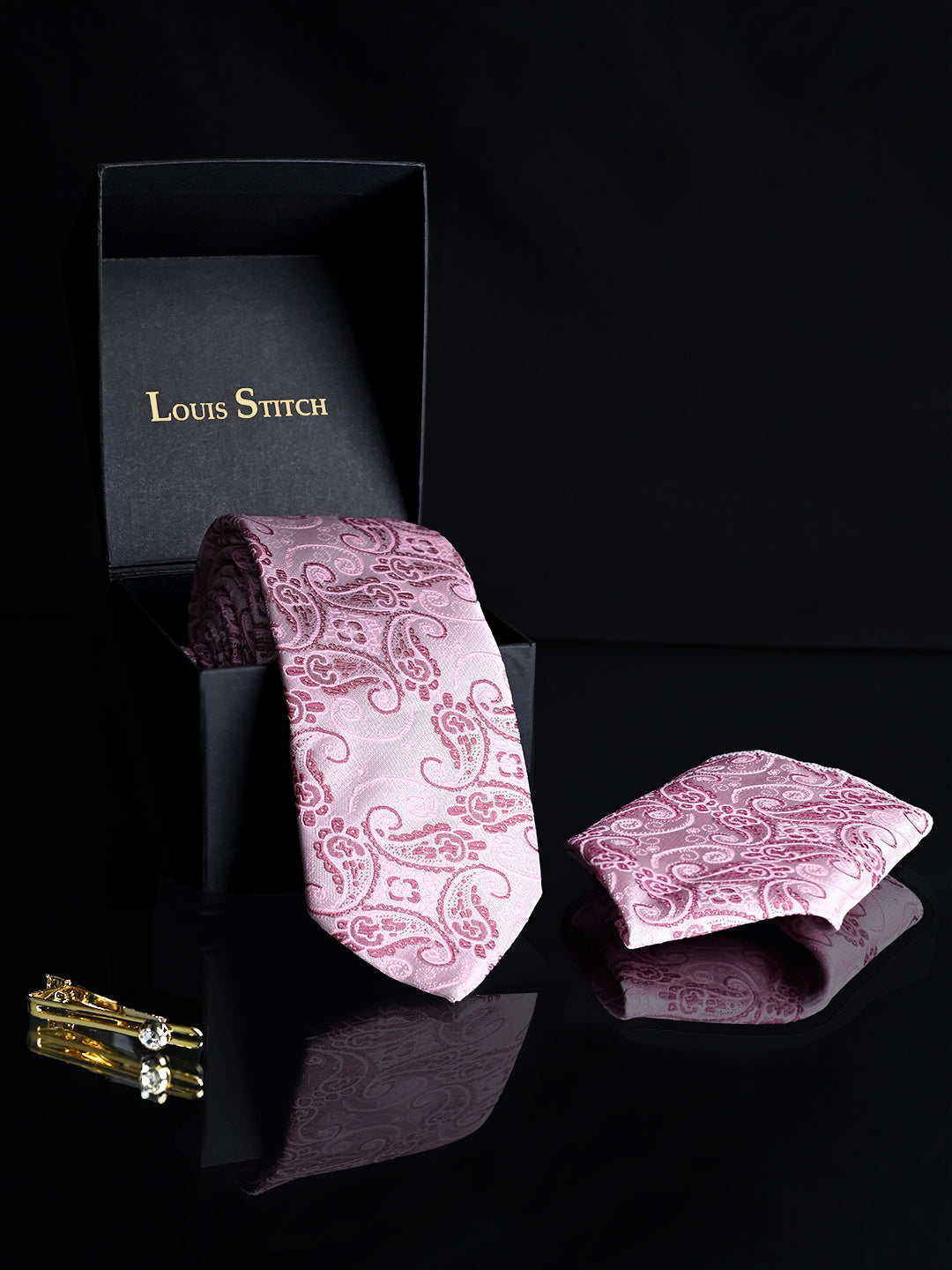 Pink Luxury Italian Silk Necktie Set Pocket Square Golden Tiepin