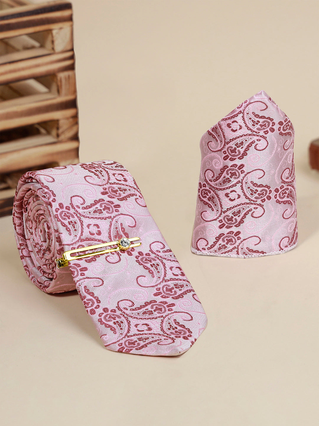 Pink Luxury Italian Silk Necktie Set Pocket Square Golden Tiepin