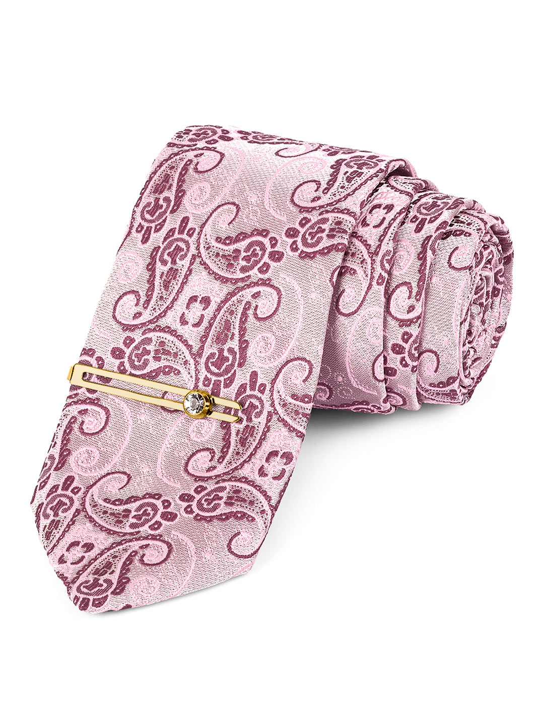 Pink Luxury Italian Silk Necktie Set Pocket Square Golden Tiepin