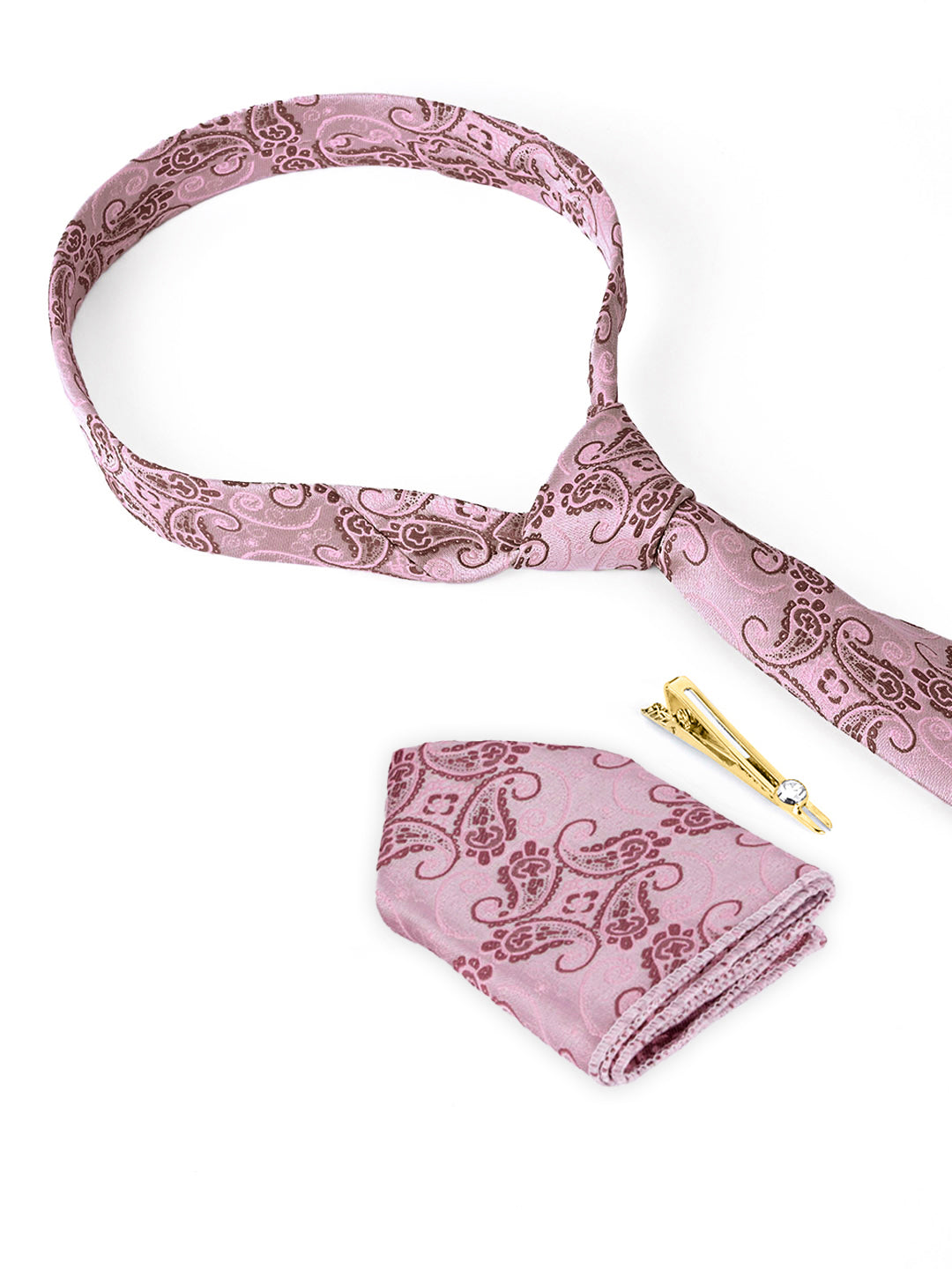 Pink Luxury Italian Silk Necktie Set Pocket Square Golden Tiepin