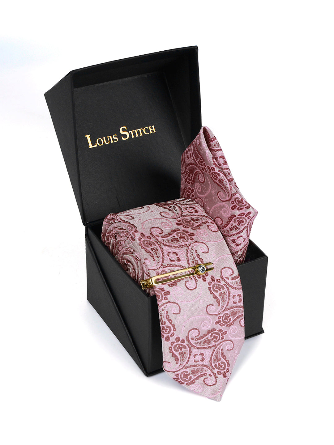 Pink Luxury Italian Silk Necktie Set Pocket Square Golden Tiepin