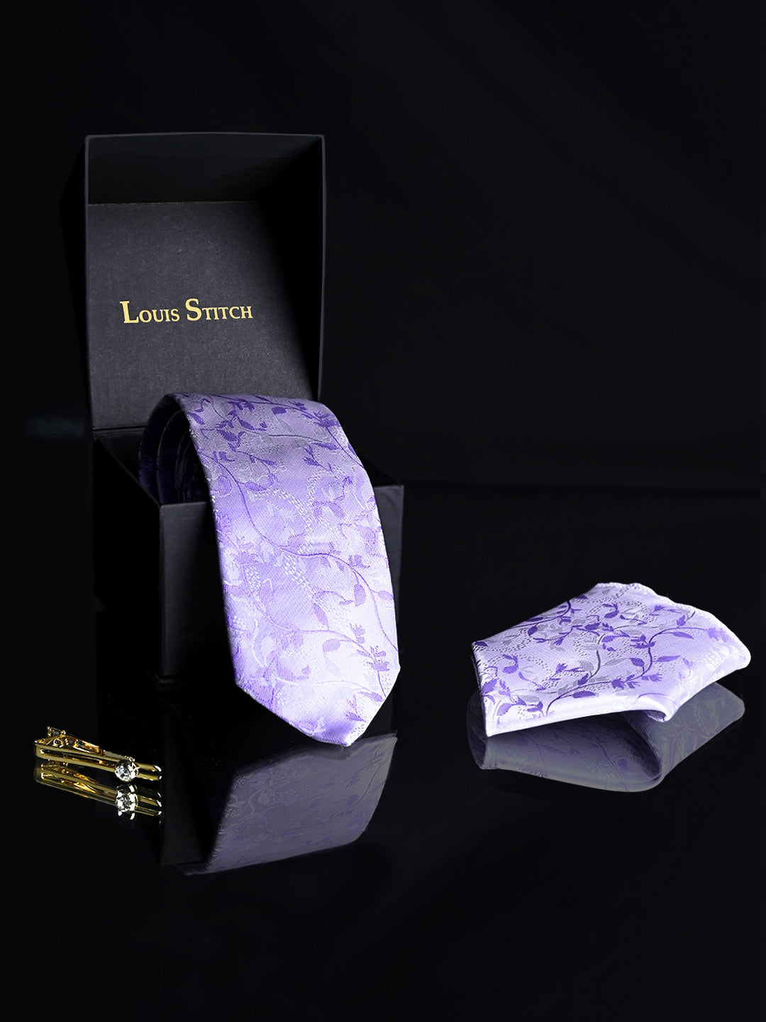 Pastel Purple Luxury Italian Silk Necktie Set Pocket Square Golden Tiepin