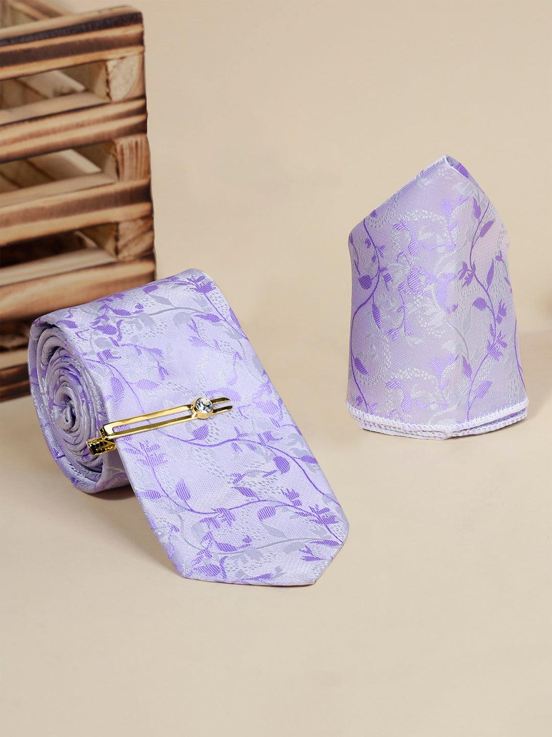 Pastel Purple Luxury Italian Silk Necktie Set Pocket Square Golden Tiepin