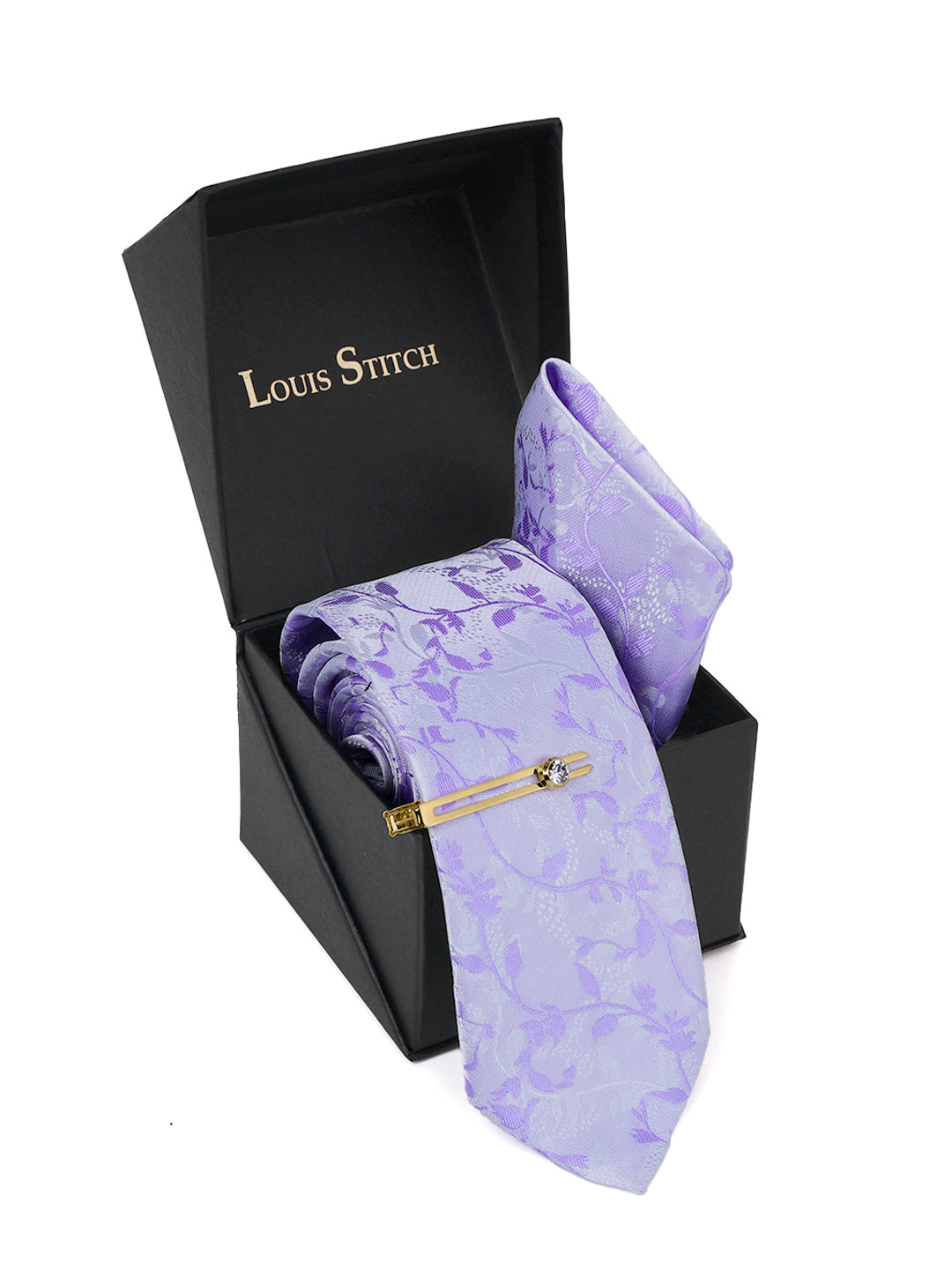 Pastel Purple Luxury Italian Silk Necktie Set Pocket Square Golden Tiepin