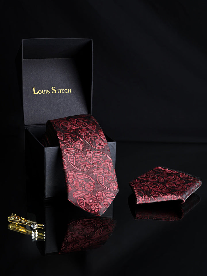 Burgundy Luxury Italian Silk Necktie Set Pocket Square Golden Tiepin