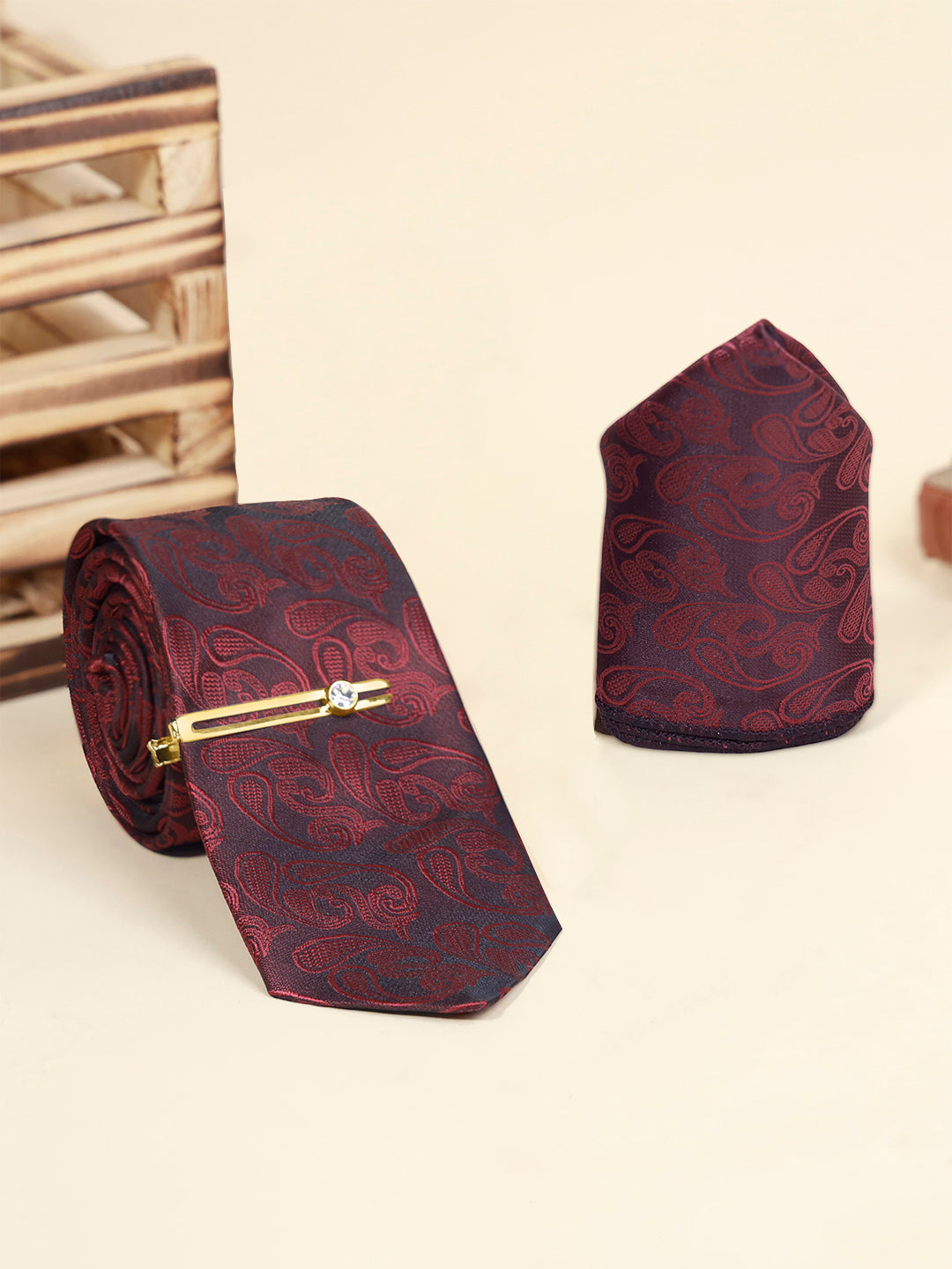 Burgundy Luxury Italian Silk Necktie Set Pocket Square Golden Tiepin