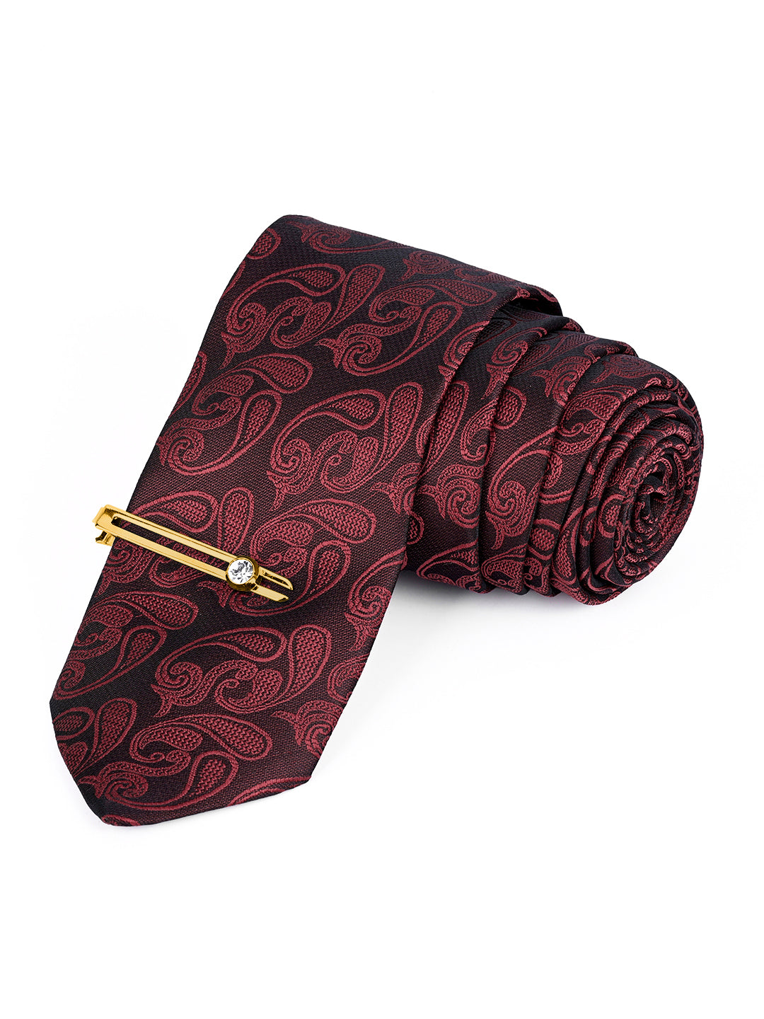 Burgundy Luxury Italian Silk Necktie Set Pocket Square Golden Tiepin