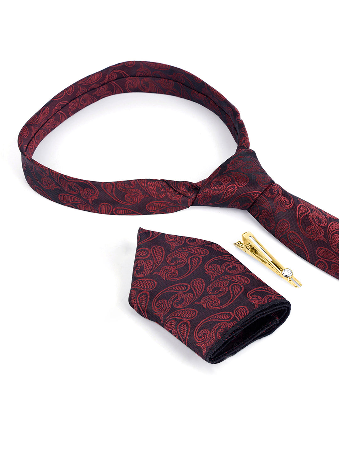 Burgundy Luxury Italian Silk Necktie Set Pocket Square Golden Tiepin