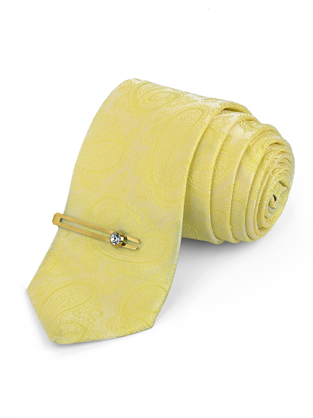 Bright Yellow Luxury Italian Silk Necktie Set Pocket Square Golden Tiepin