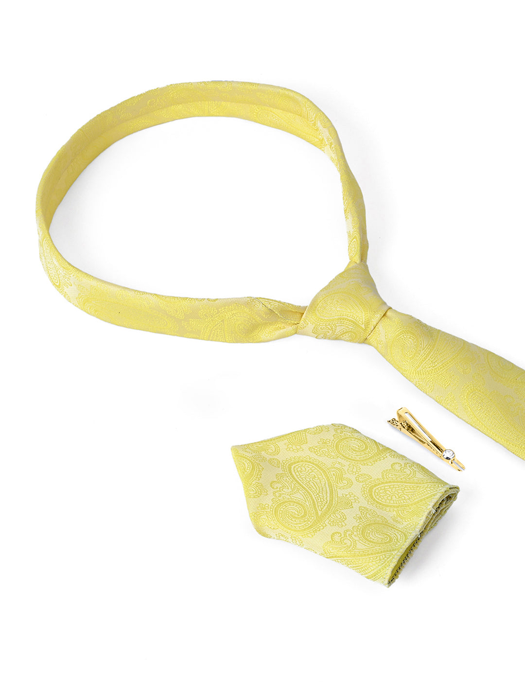 Bright Yellow Luxury Italian Silk Necktie Set Pocket Square Golden Tiepin