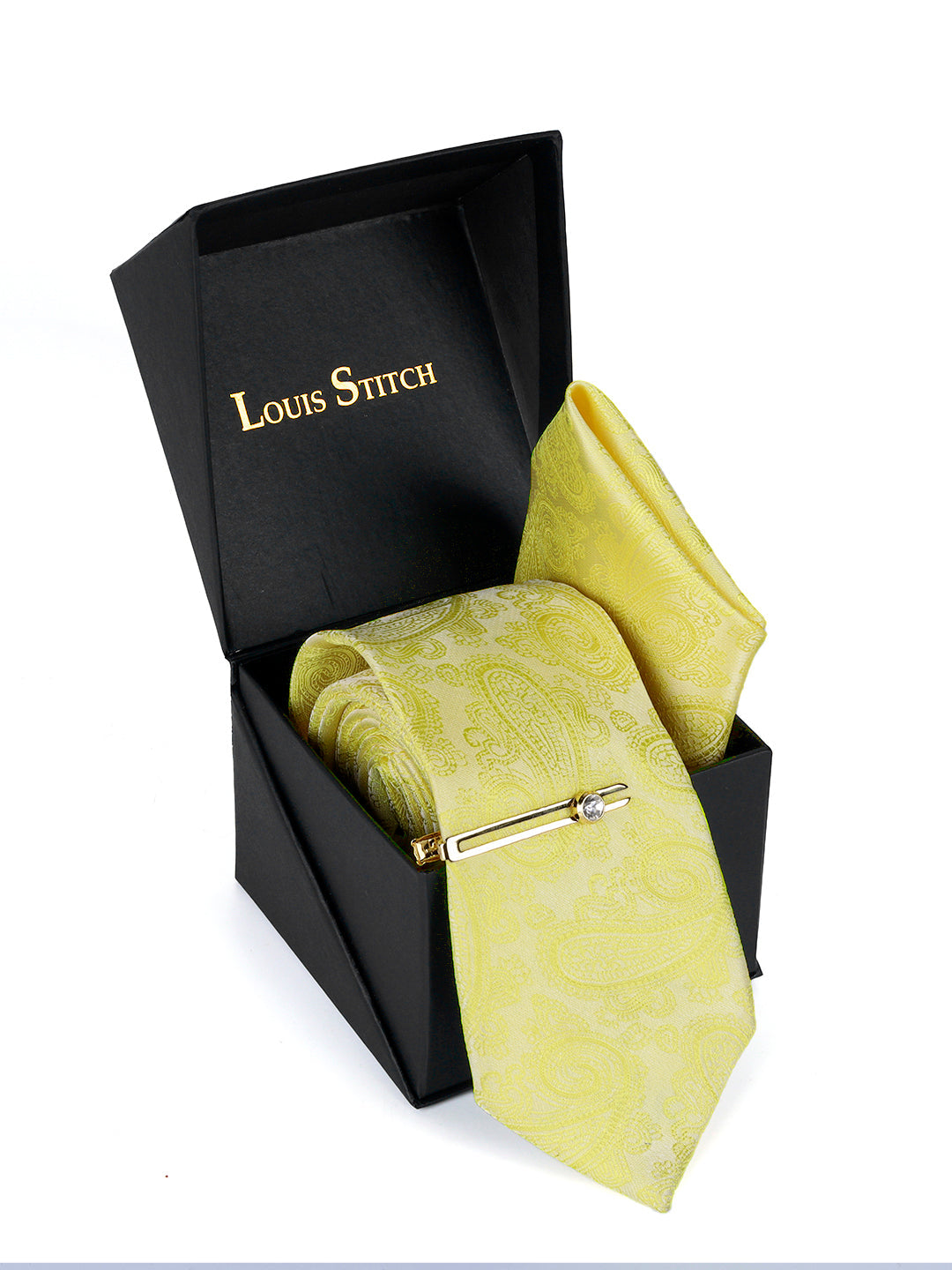 Bright Yellow Luxury Italian Silk Necktie Set Pocket Square Golden Tiepin