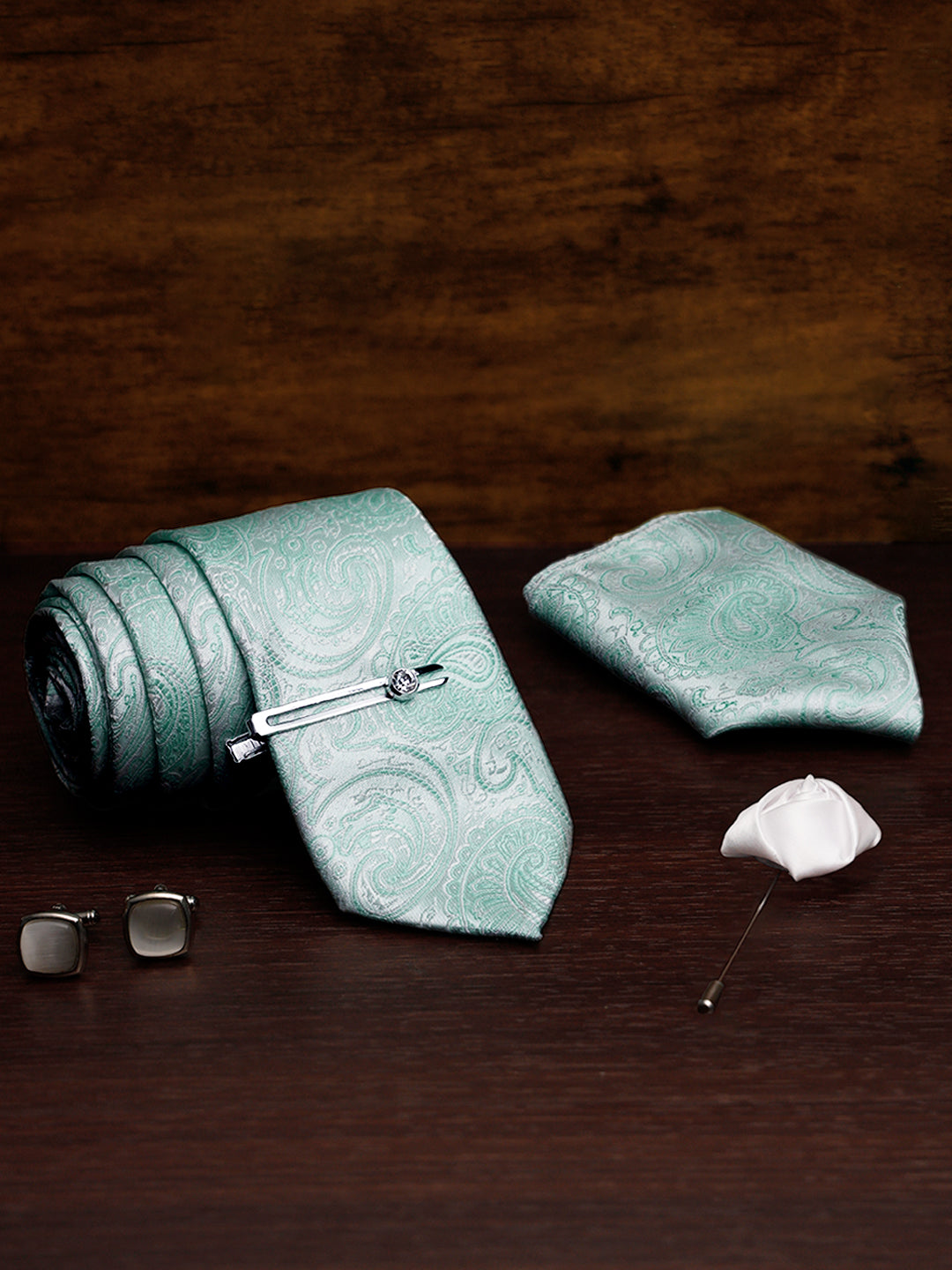 Lagoon Green Luxury Italian Silk Necktie Set Pocket Square Chrome Tiepin Cufflinks and Brooch