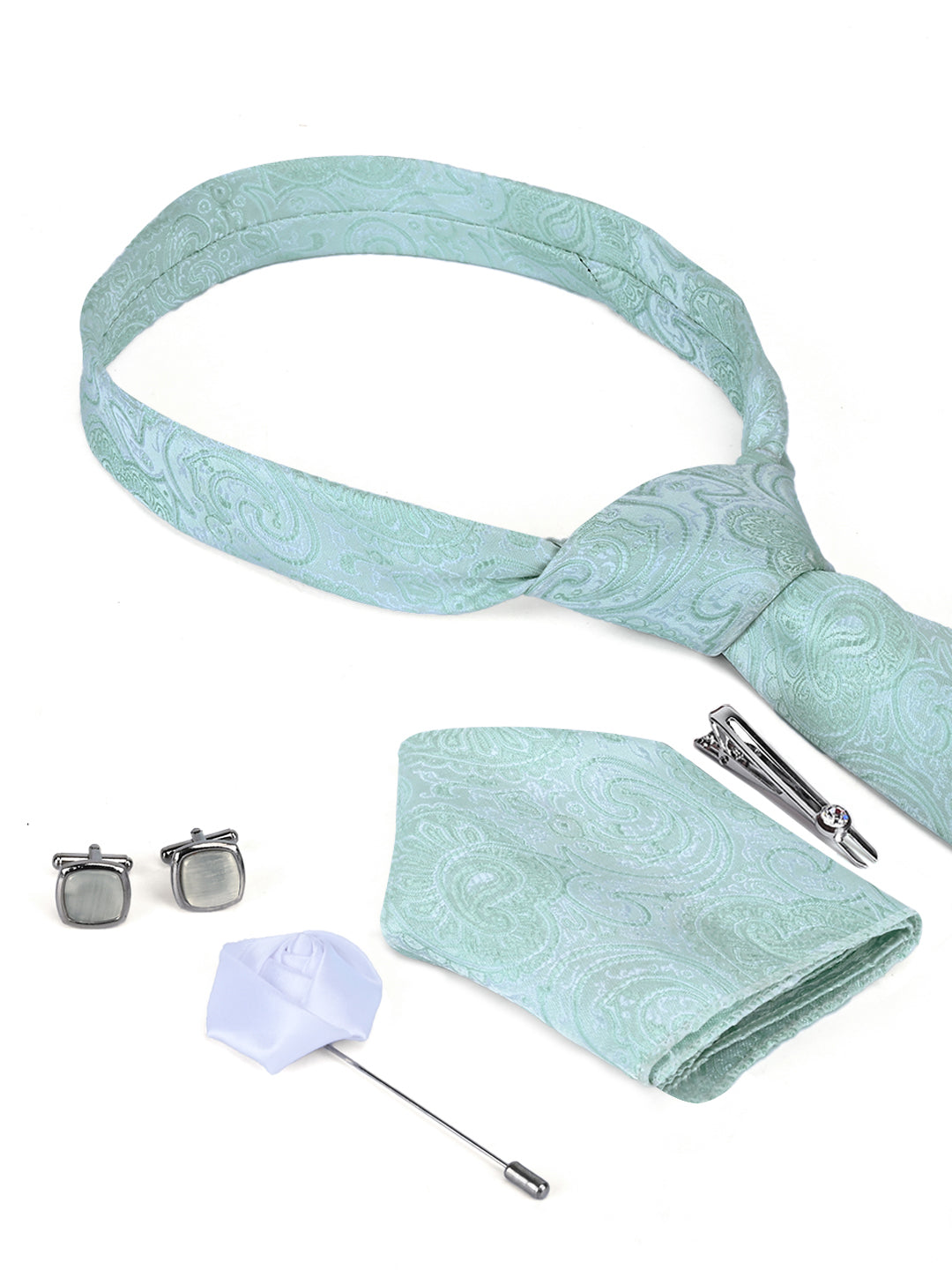 Lagoon Green Luxury Italian Silk Necktie Set Pocket Square Chrome Tiepin Cufflinks and Brooch