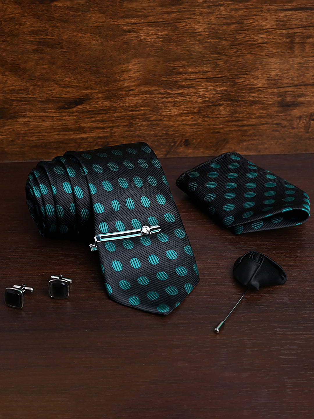 Dark Green Luxury Italian Silk Necktie Set Pocket Square Chrome Tiepin Cufflinks and Brooch