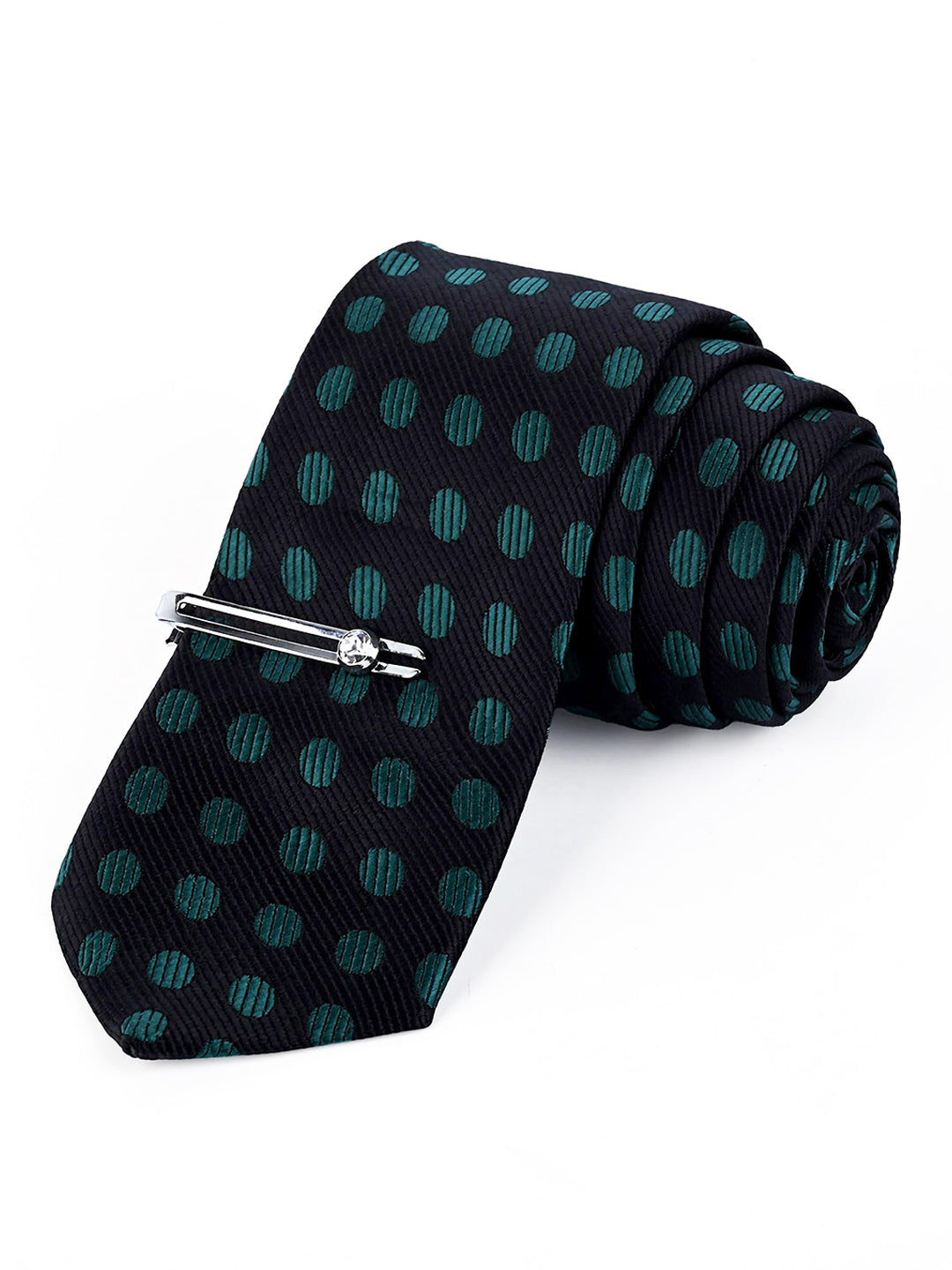 Dark Green Luxury Italian Silk Necktie Set Pocket Square Chrome Tiepin Cufflinks and Brooch