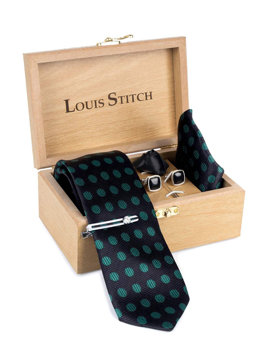 Dark Green Luxury Italian Silk Necktie Set Pocket Square Chrome Tiepin Cufflinks and Brooch