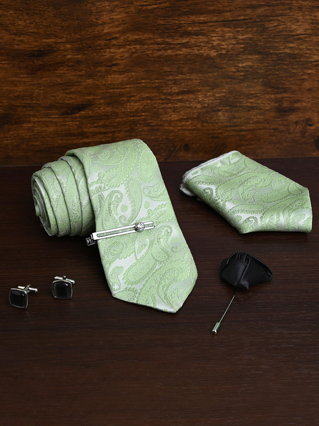 Mint Green Luxury Italian Silk Necktie Set Pocket Square Chrome Tiepin Cufflinks and Brooch