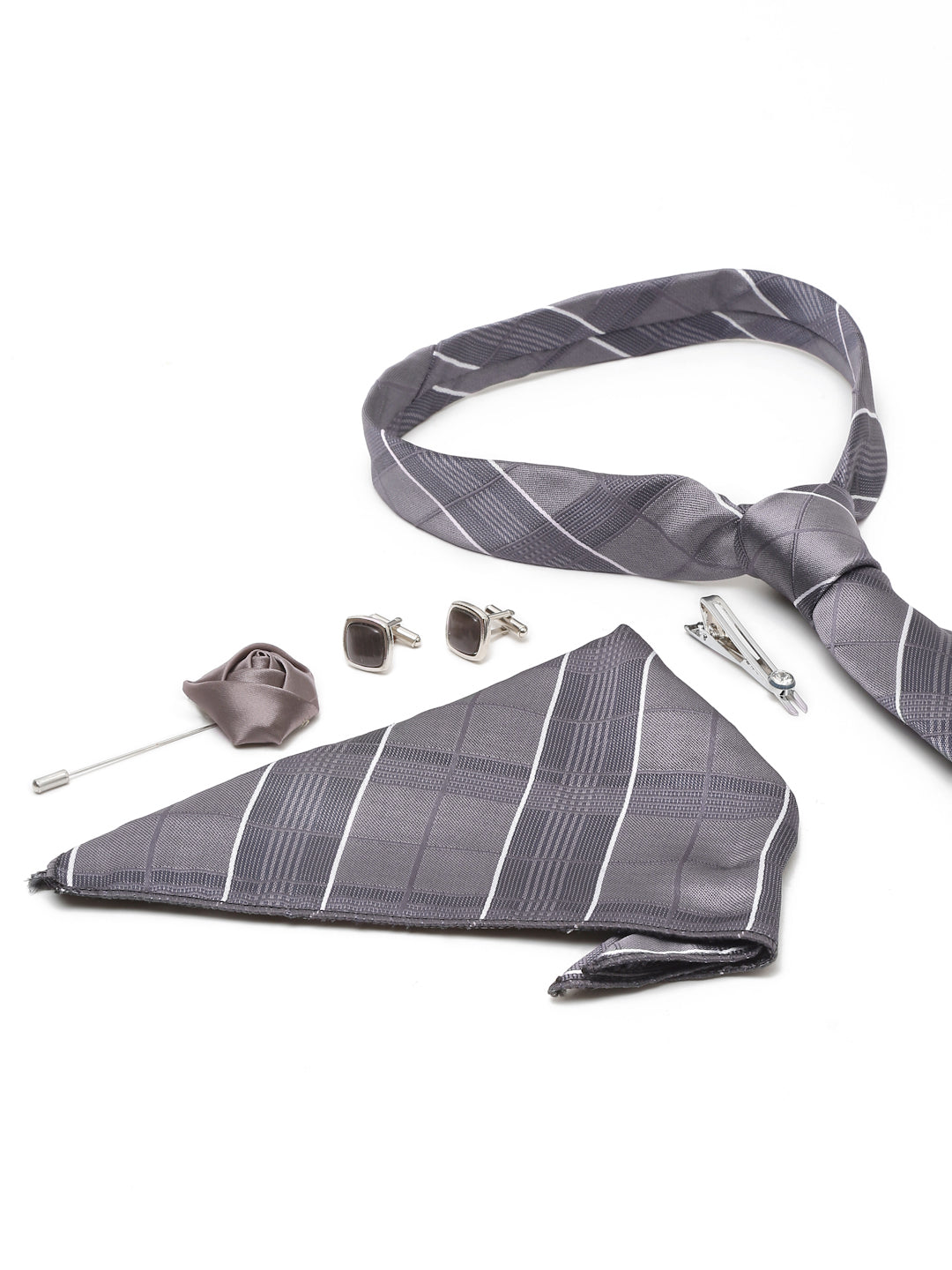 Checkered Grey Italian Silk Necktie Set Pocket Square Chrome Tiepin cufflinks and Brooch