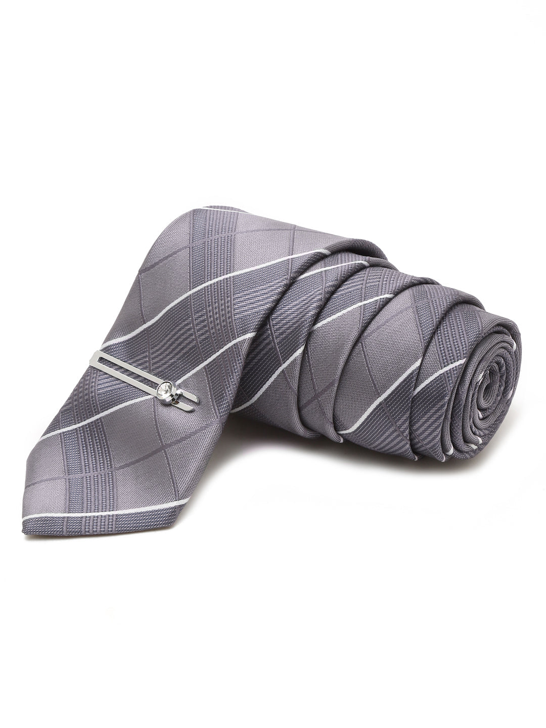 Checkered Grey Italian Silk Necktie Set Pocket Square Chrome Tiepin cufflinks and Brooch