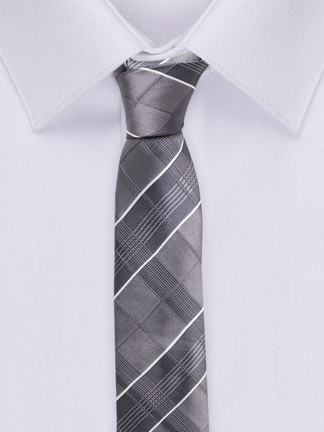 Checkered Grey Italian Silk Necktie Set Pocket Square Chrome Tiepin cufflinks and Brooch